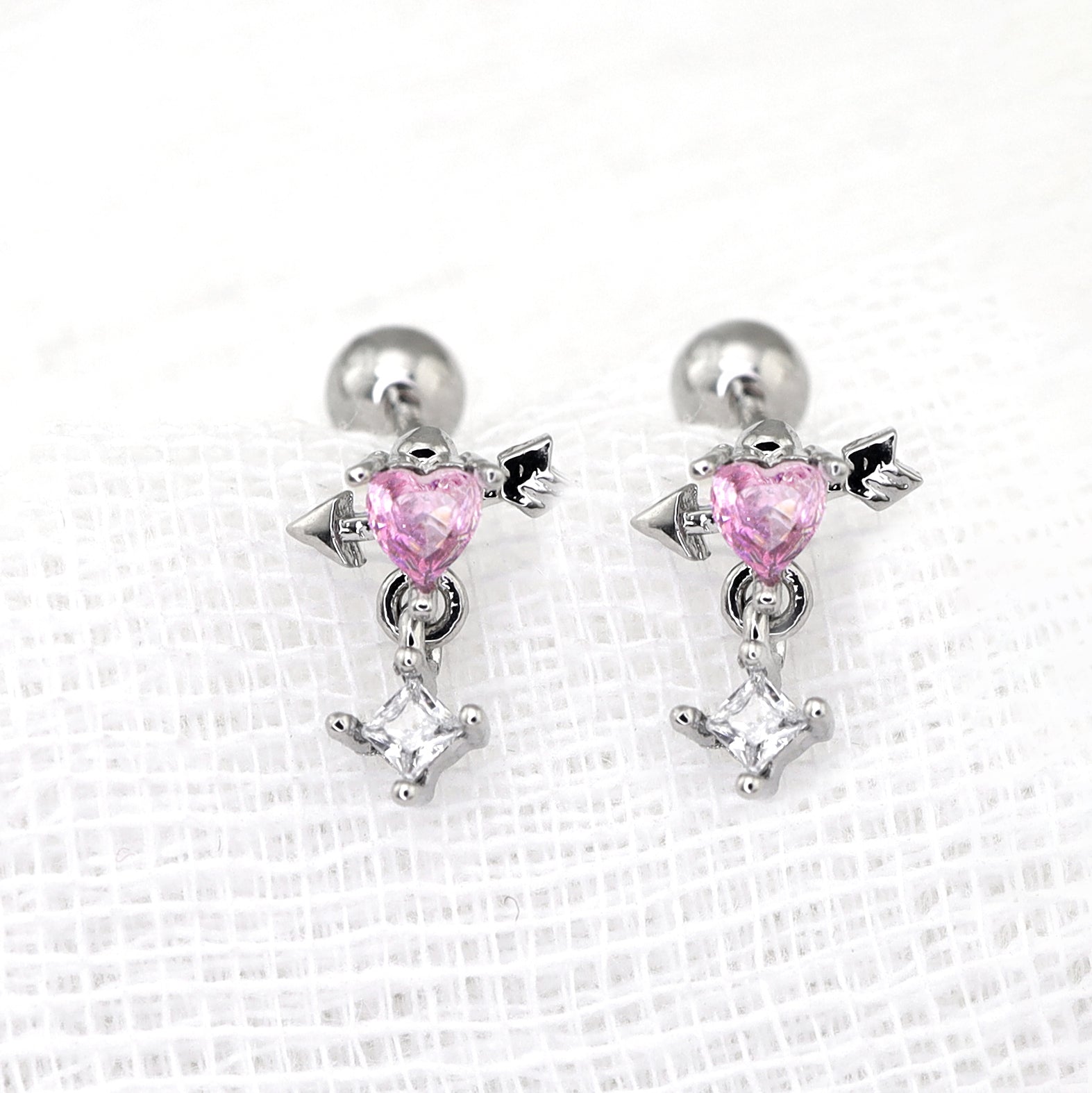 20G Arrow Through Pink Heart CZ Dangle Ear Studs ph1