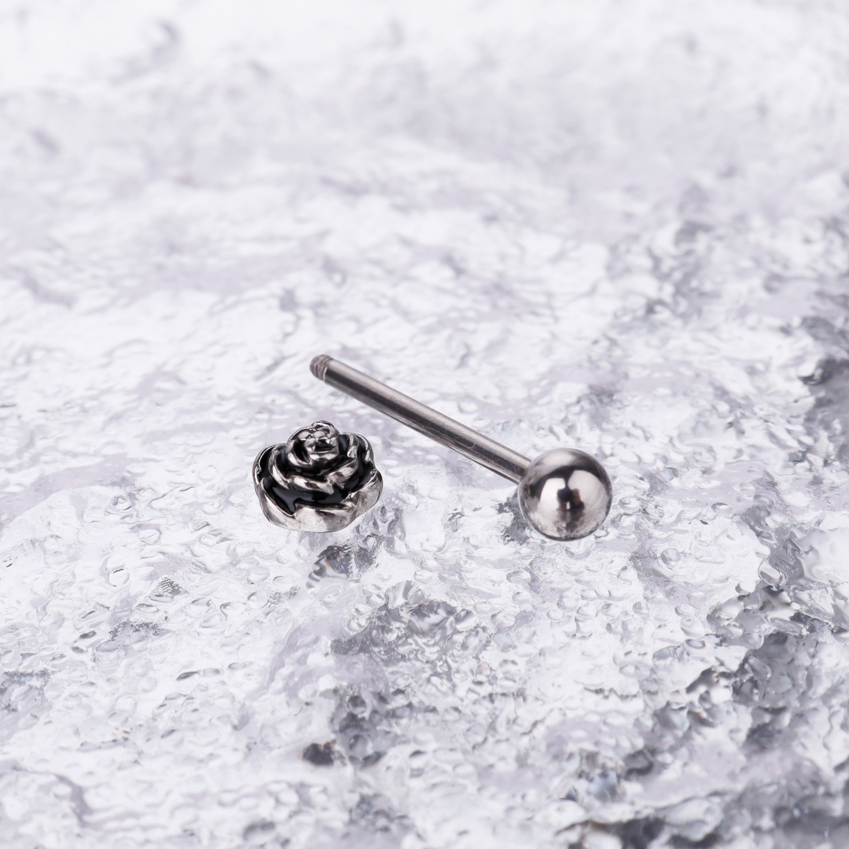 3D rose Sterling Silver stainless steel tongue stud