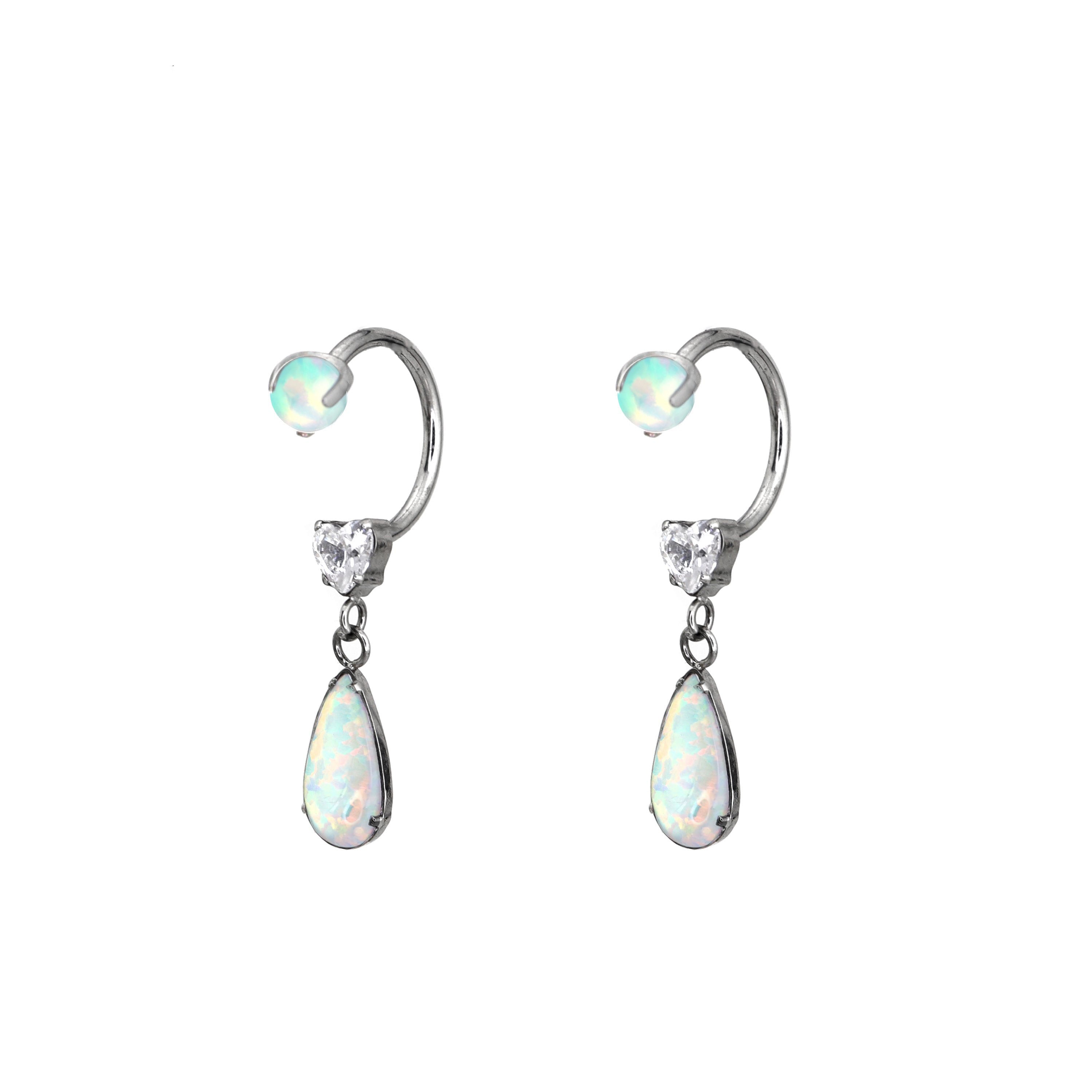 Pair of Heart Opal CZ Titanium Horseshoe Ring