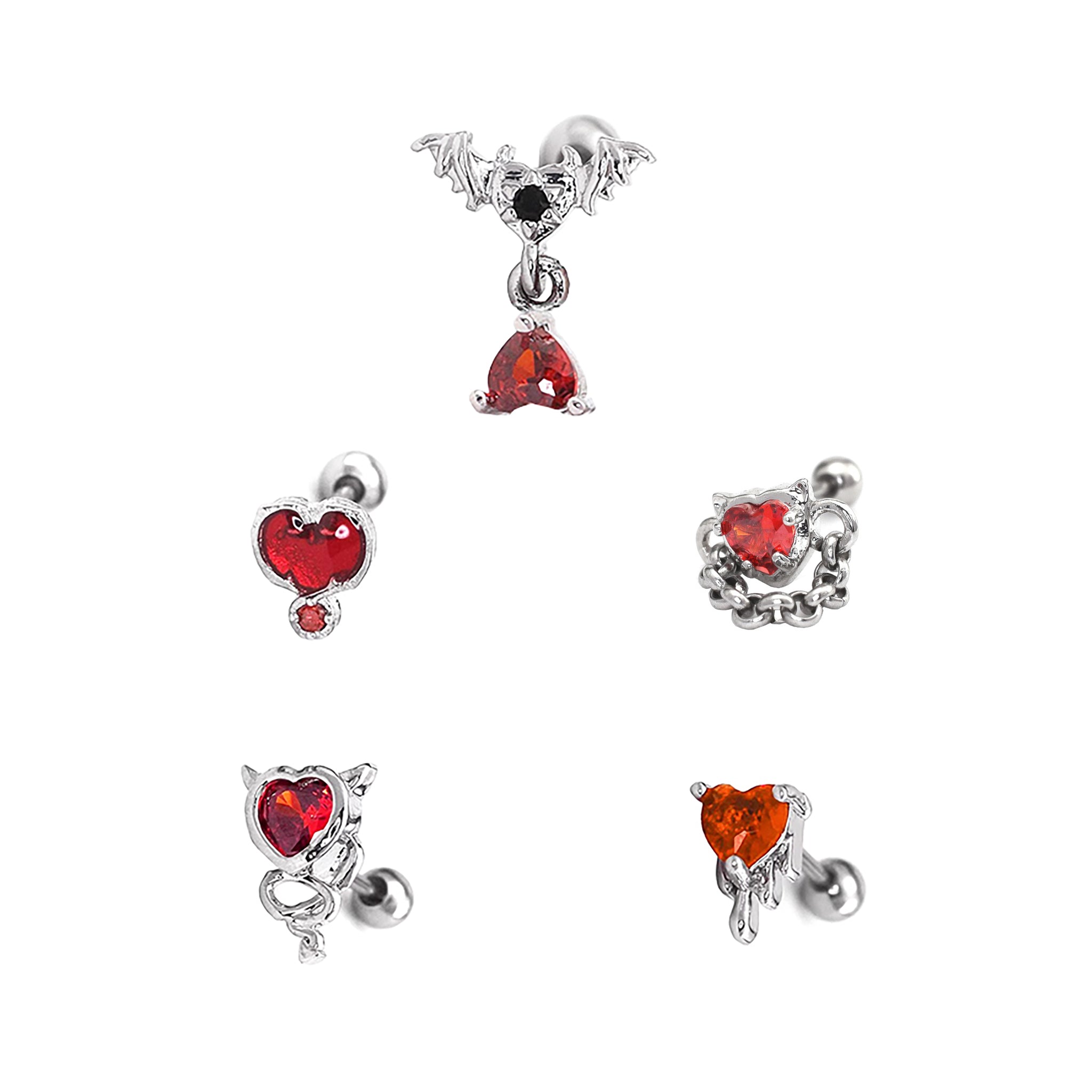 5PCS Thin Gauge Red CZ Demon Stainless Steel Ear Studs SET