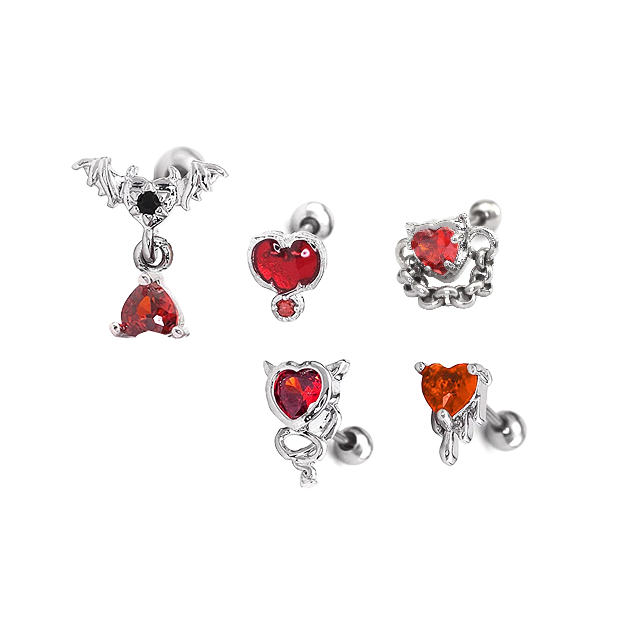 5PCS Thin Gauge Red CZ Demon Stainless Steel Ear Studs SET