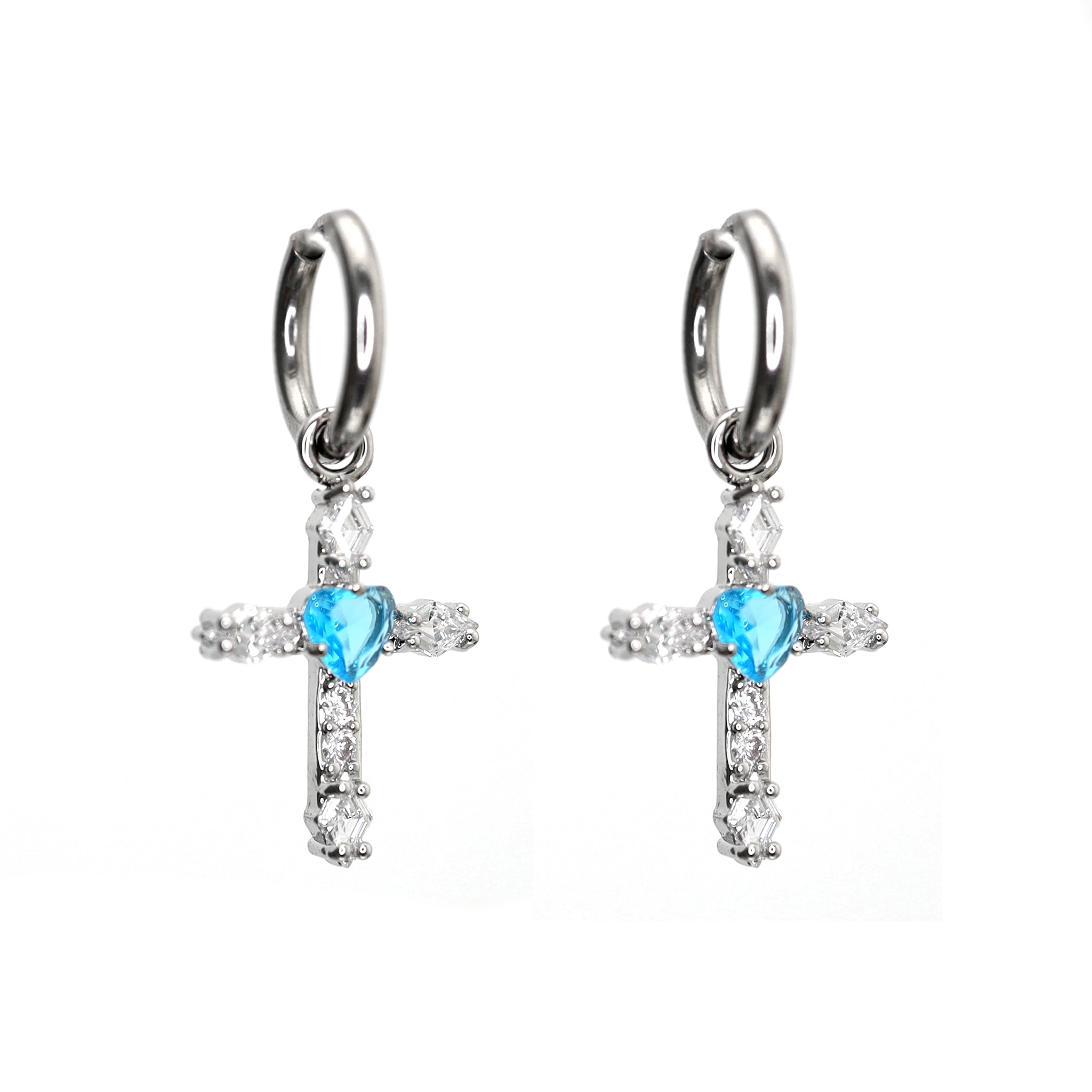 PAIR OF Heart CZ Large Cross stainless steel Earrings ph1