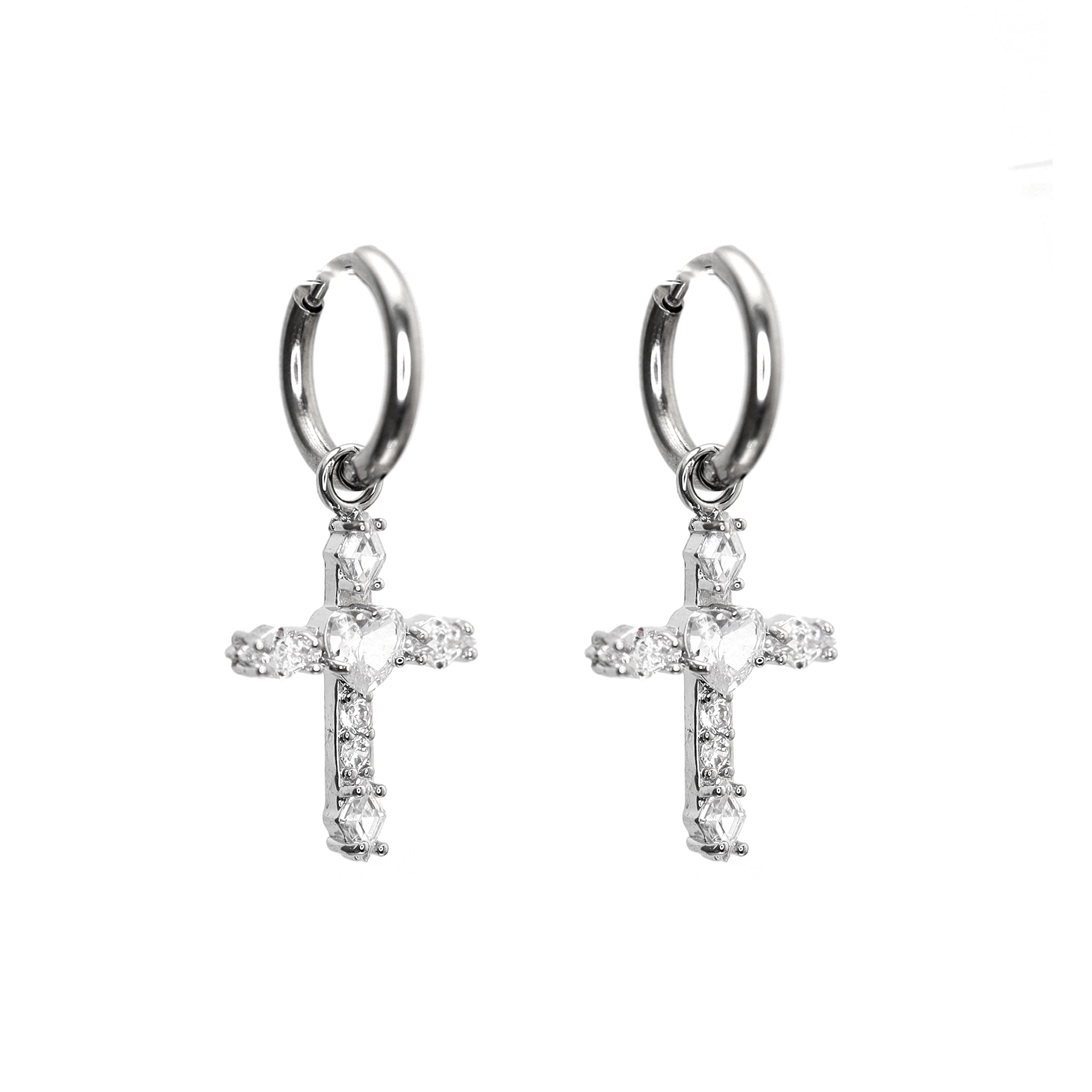 PAIR OF Heart CZ Large Cross stainless steel Earrings ph1