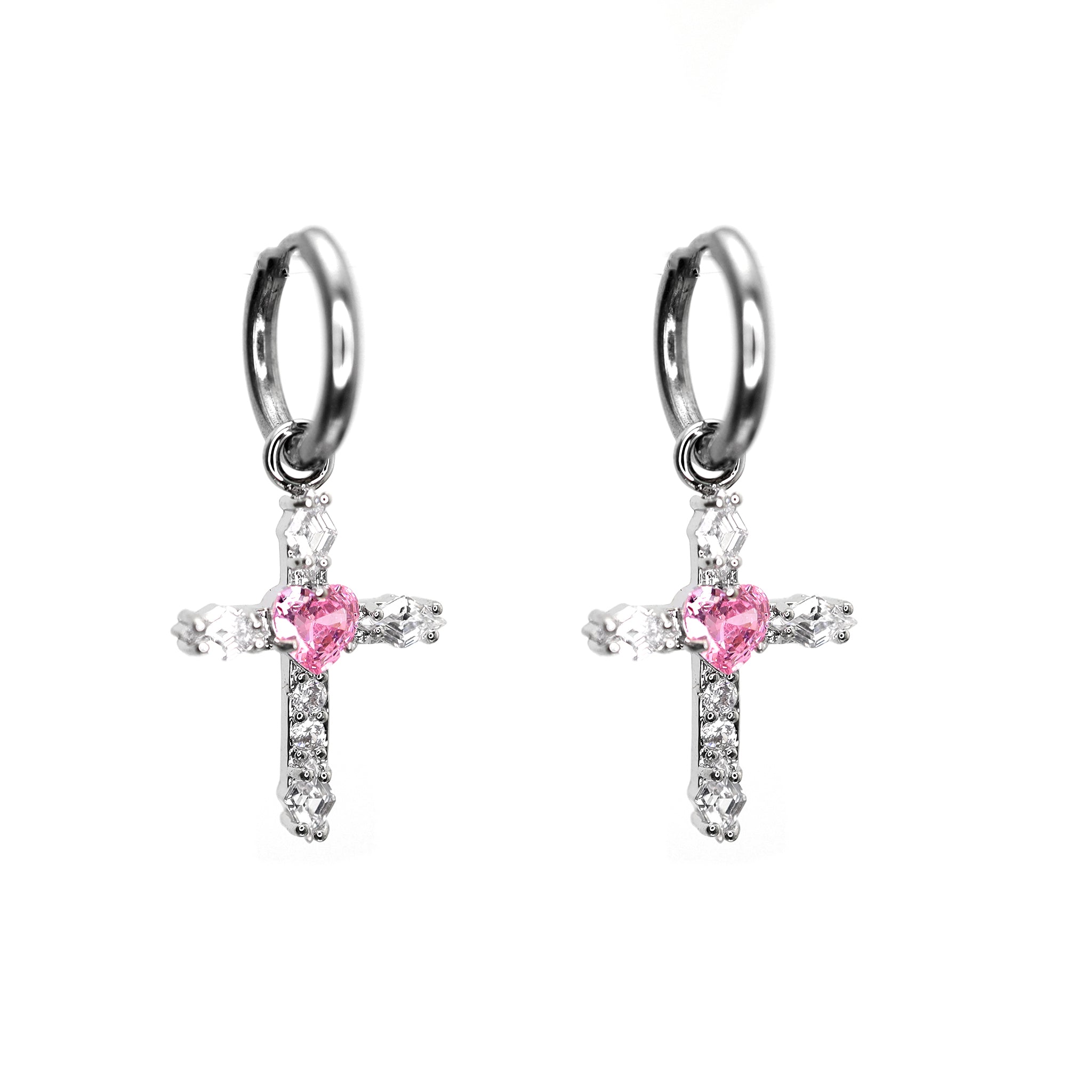 PAIR OF Heart CZ Large Cross stainless steel Earrings ph1