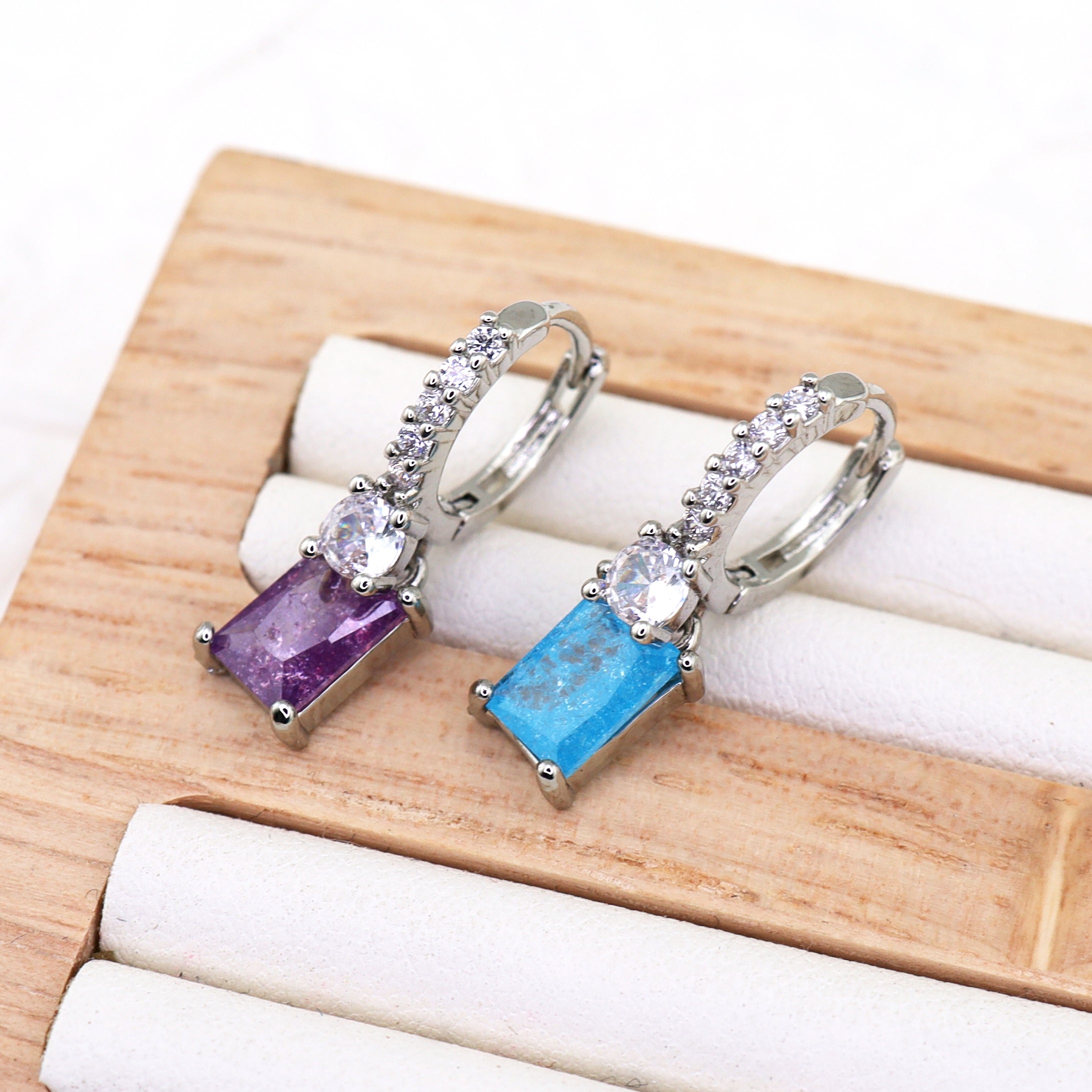 PAIR OF Blue & Purple Square CZ Pendant tainless steel Earrings ph1