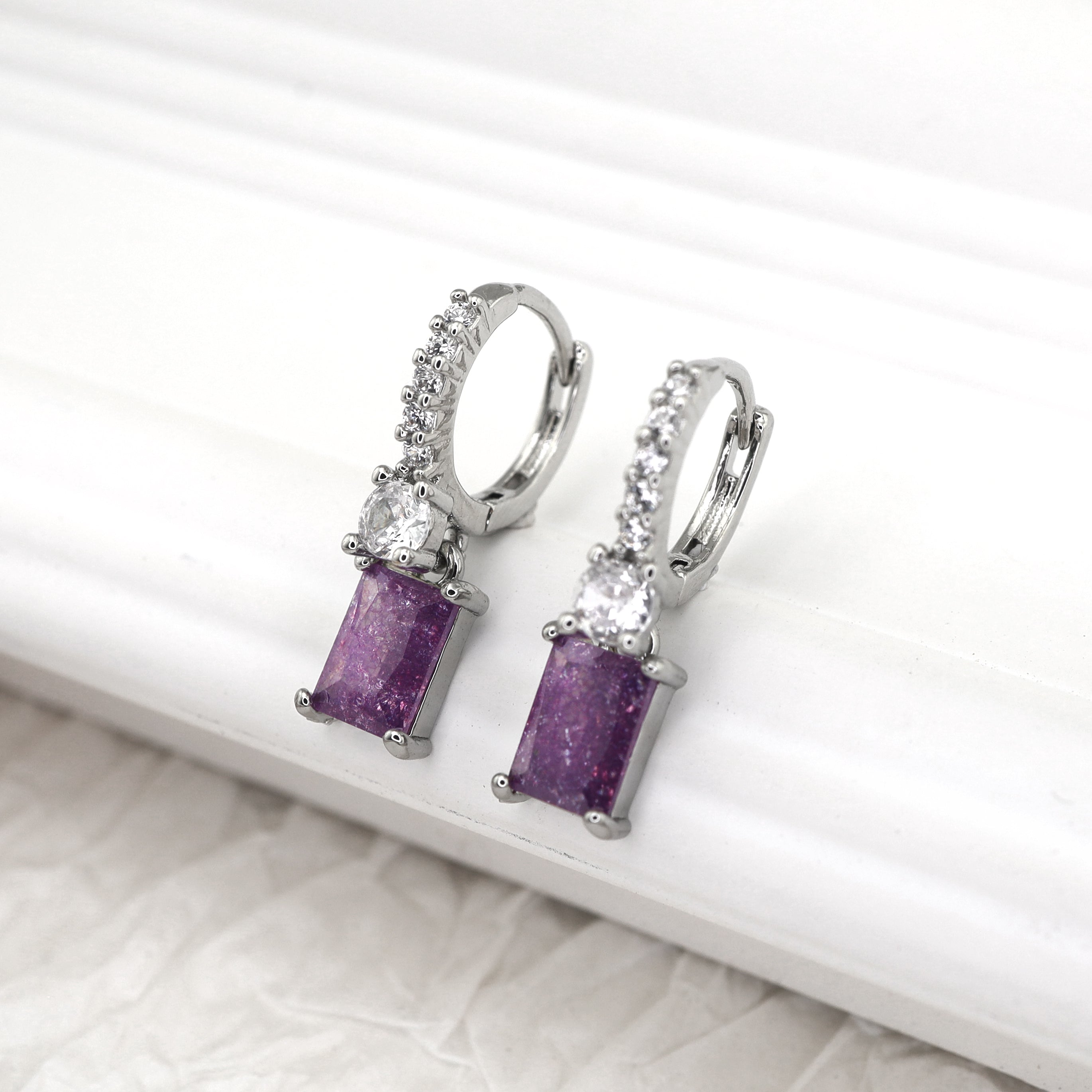 PAIR OF Blue & Purple Square CZ Pendant tainless steel Earrings ph1