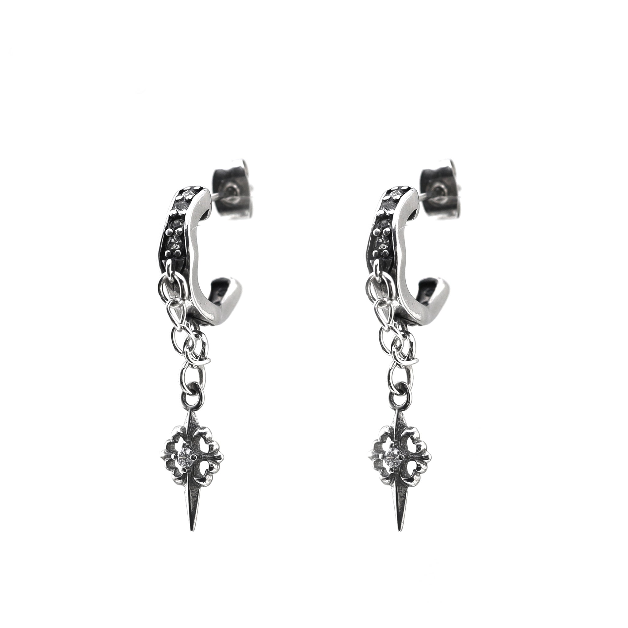 PAIR OF Thin Gauge Cross CZ Drop Chain tainless steel Ear Studs ph1