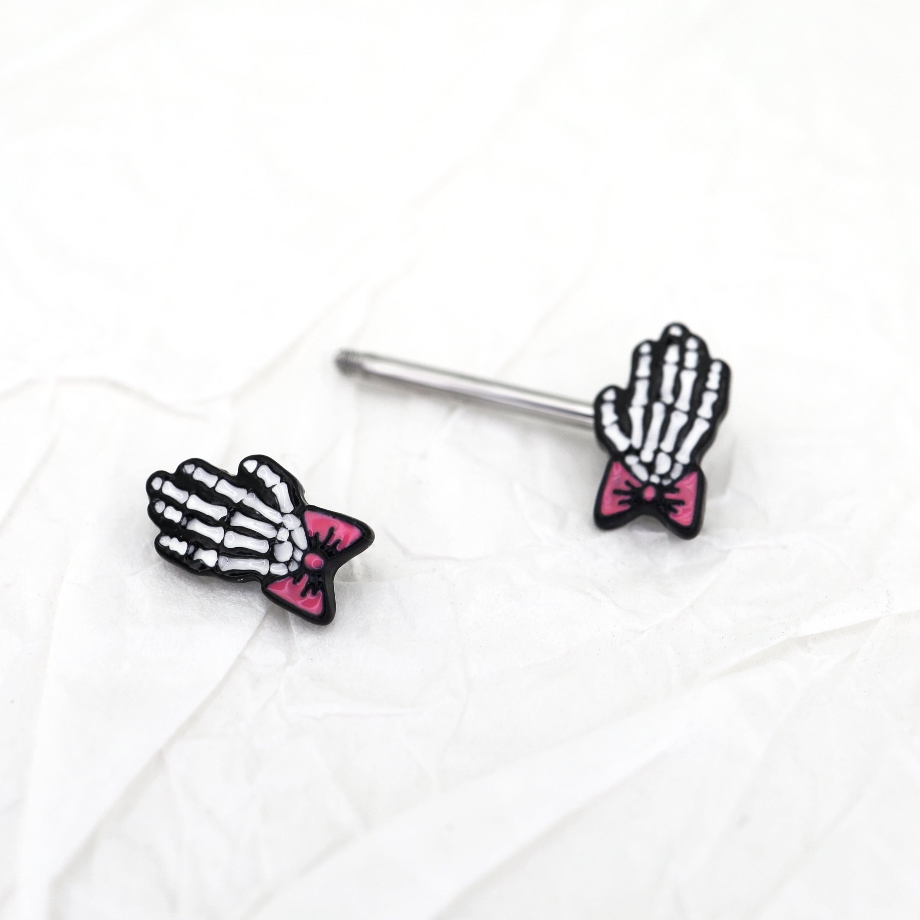PAIR OF Bow & White Skeleton Hand tainless steel Nipple Rings ph1