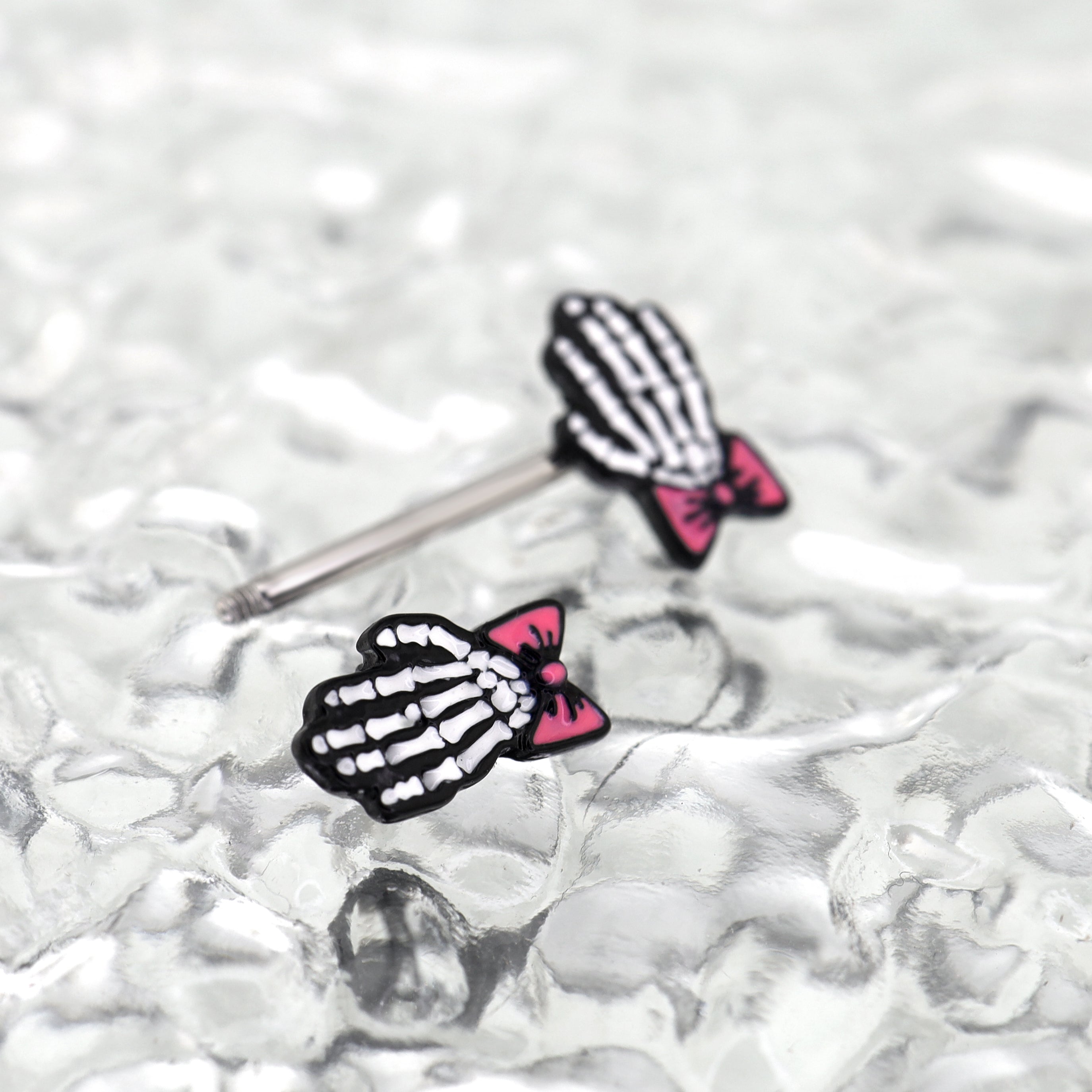 PAIR OF Bow & White Skeleton Hand tainless steel Nipple Rings ph1