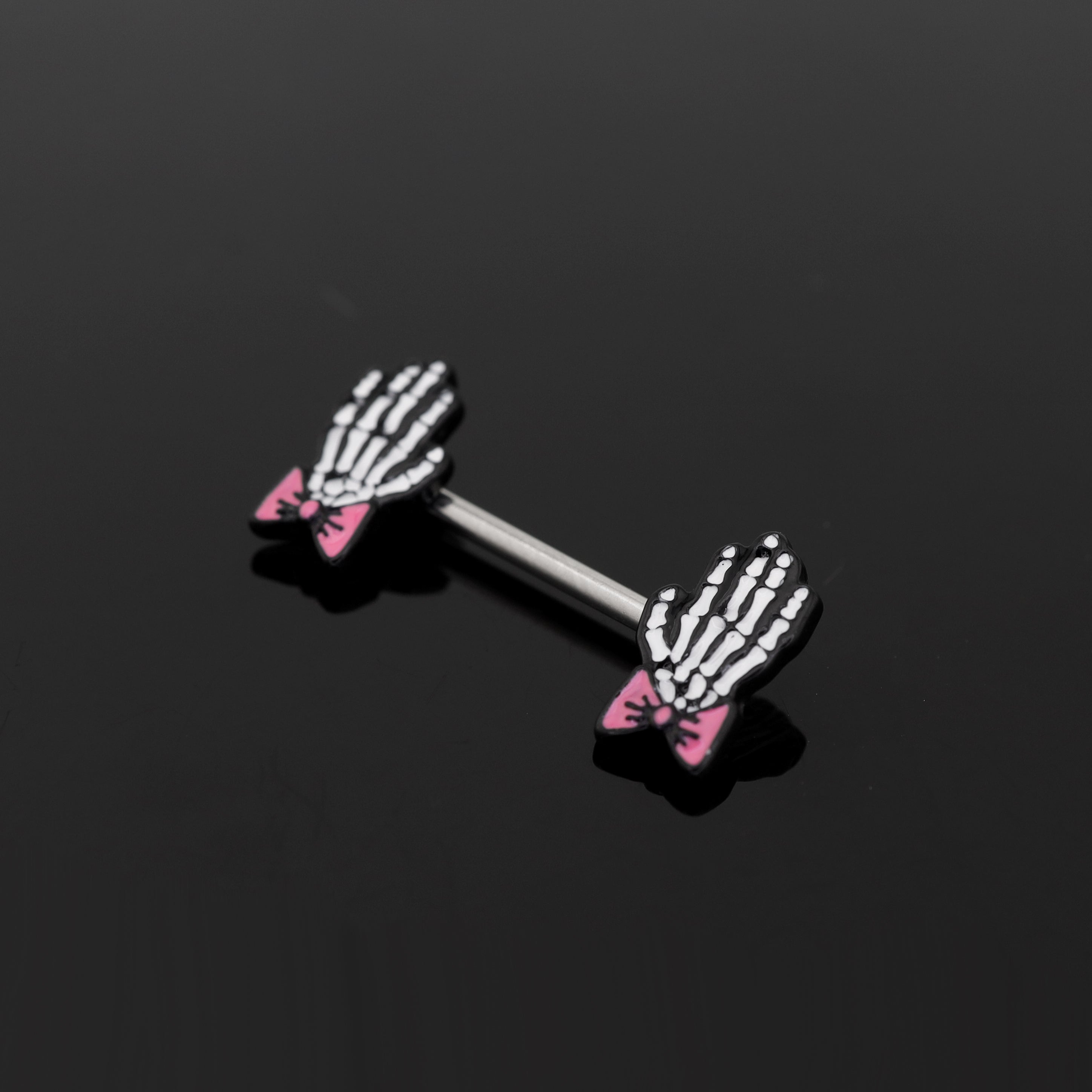 PAIR OF Bow & White Skeleton Hand tainless steel Nipple Rings ph1