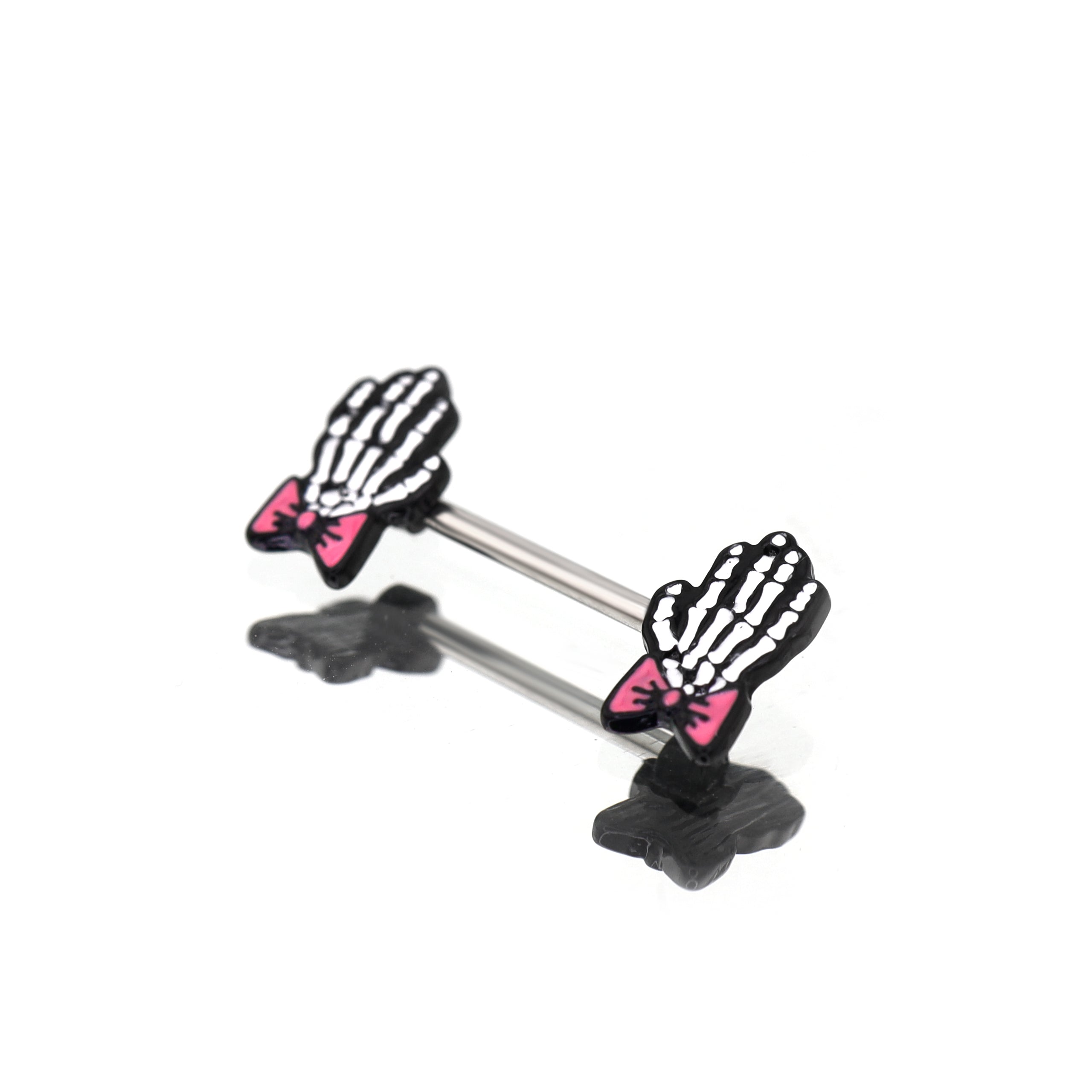 PAIR OF Bow & White Skeleton Hand tainless steel Nipple Rings ph1