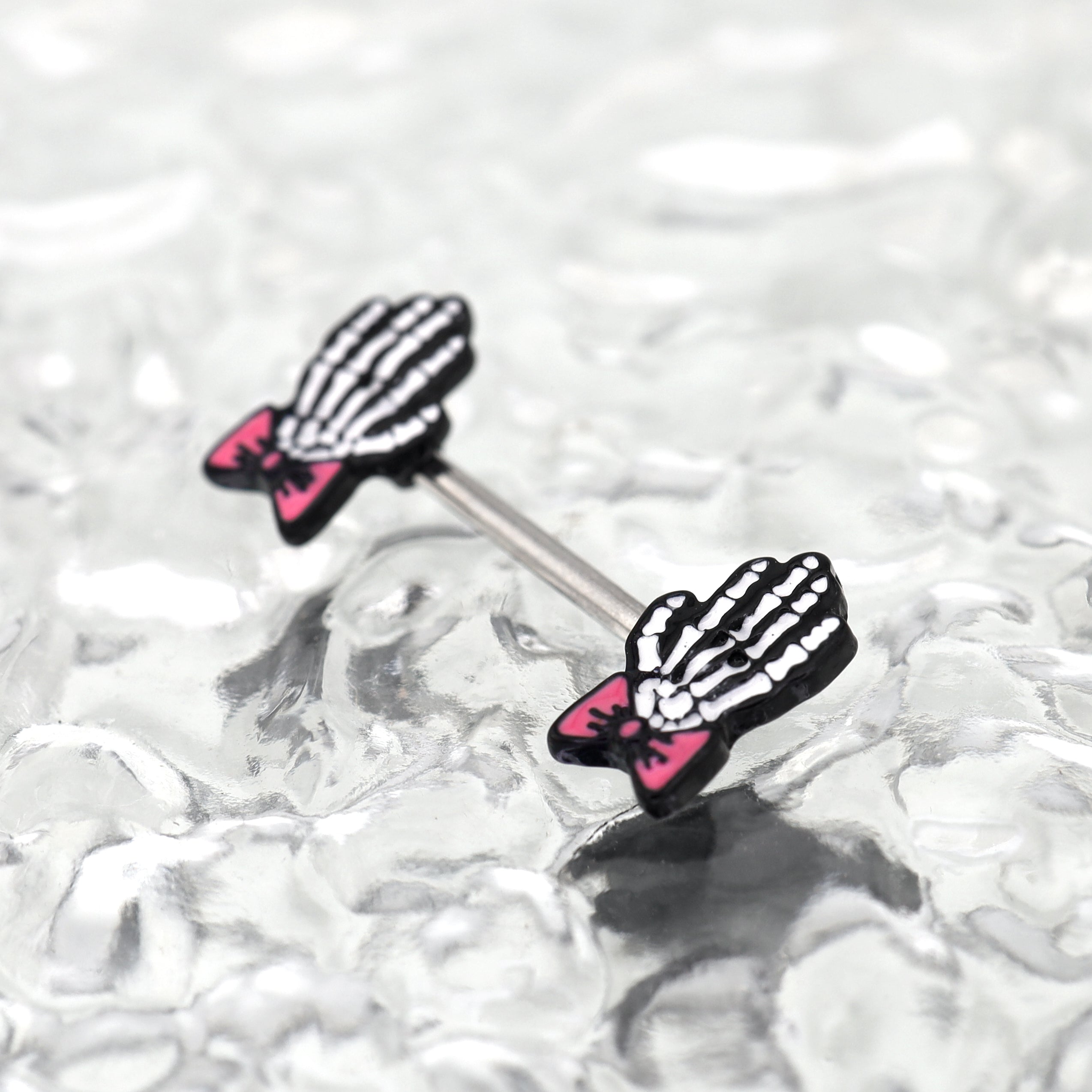 PAIR OF Bow & White Skeleton Hand tainless steel Nipple Rings ph1