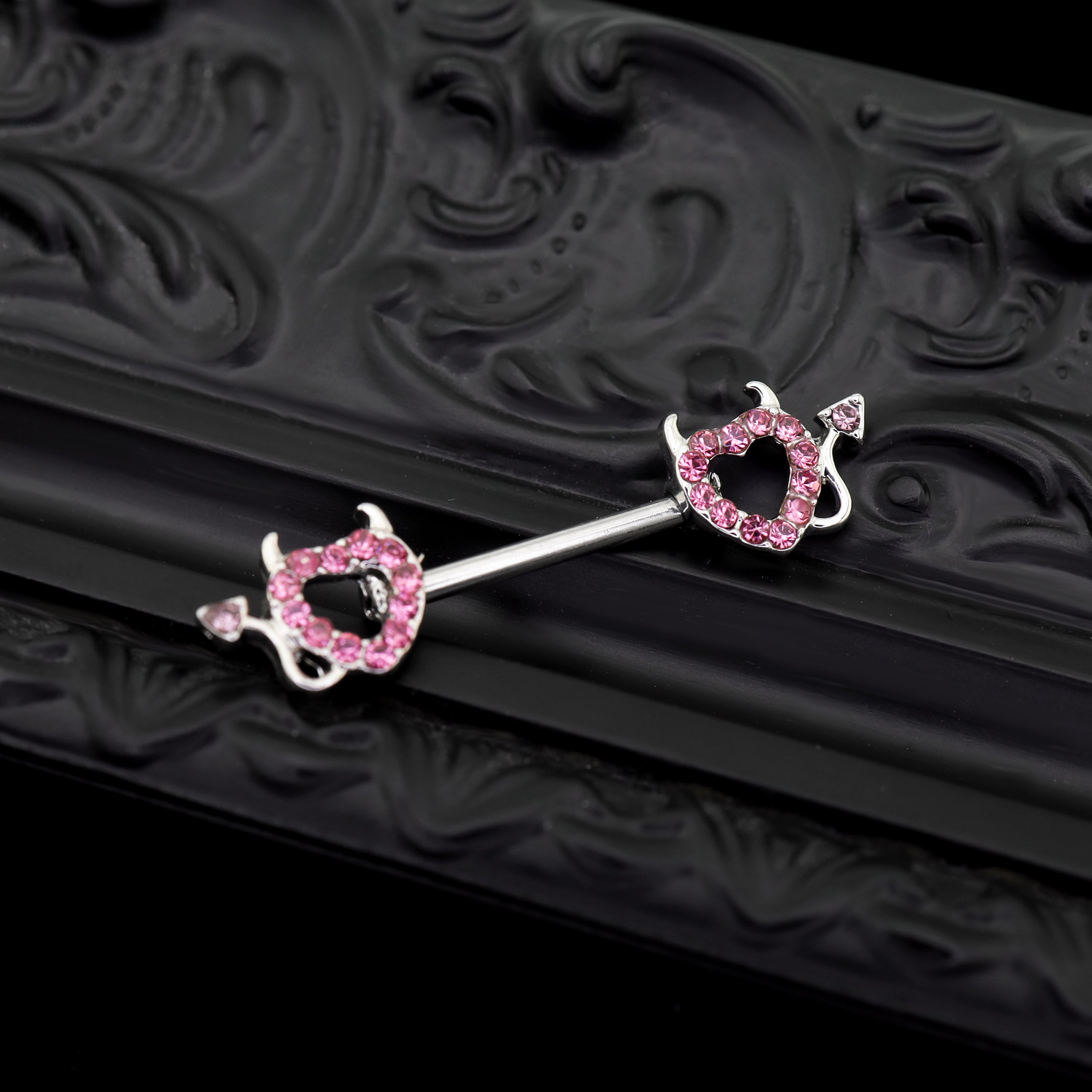 Hot Pink CZ Openwork Demon Heart tainless steel Nipple Rings oh1
