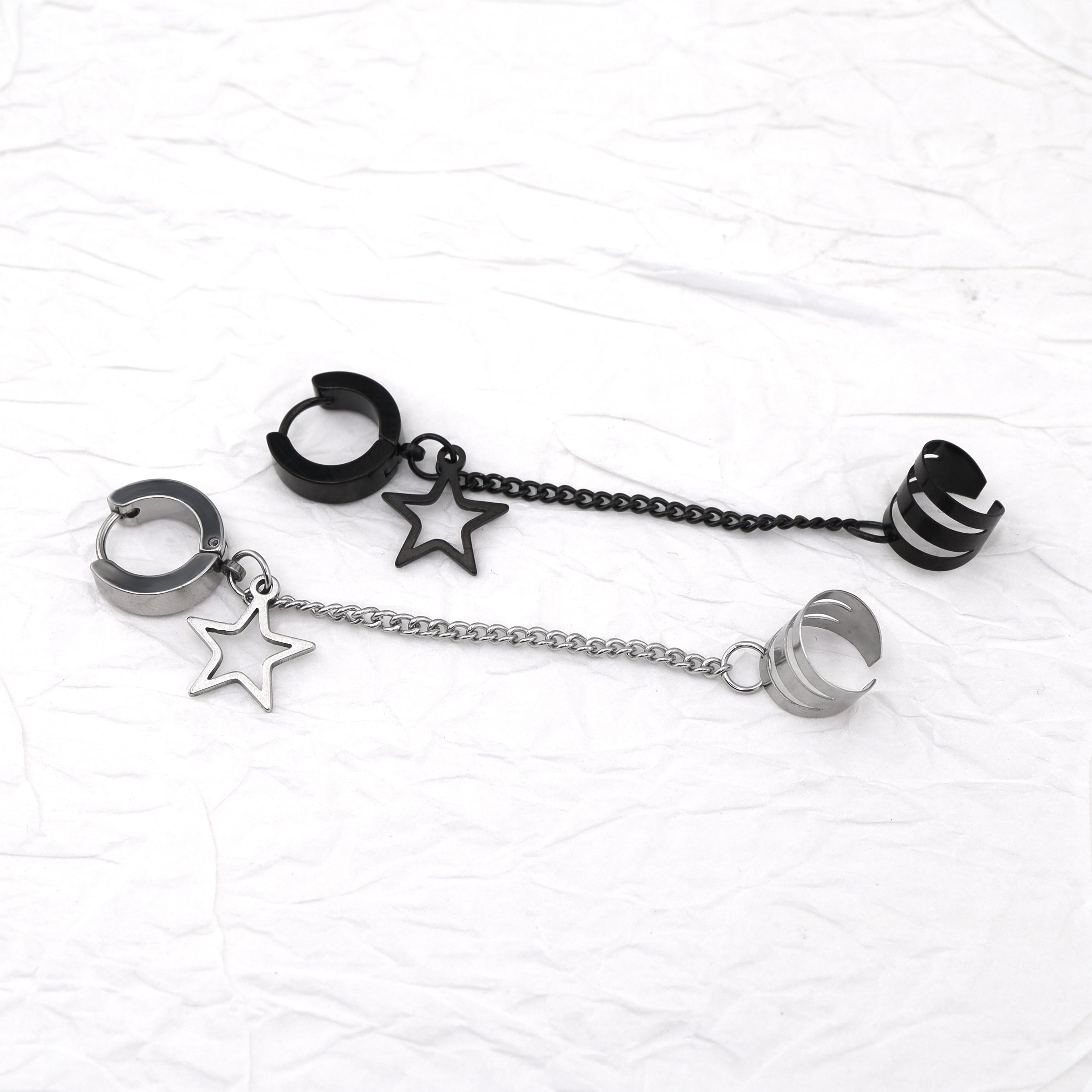 Black & White Chain Pentagram tainless steel Ear Clips ph1