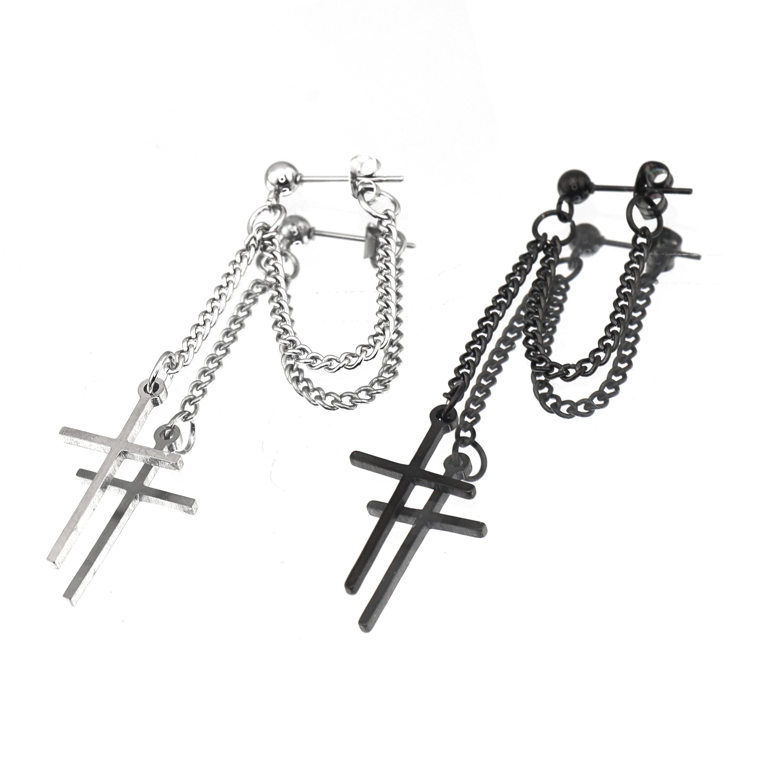 Silver & Black Cross Drop Chain tainless steel Ear Studs ph1