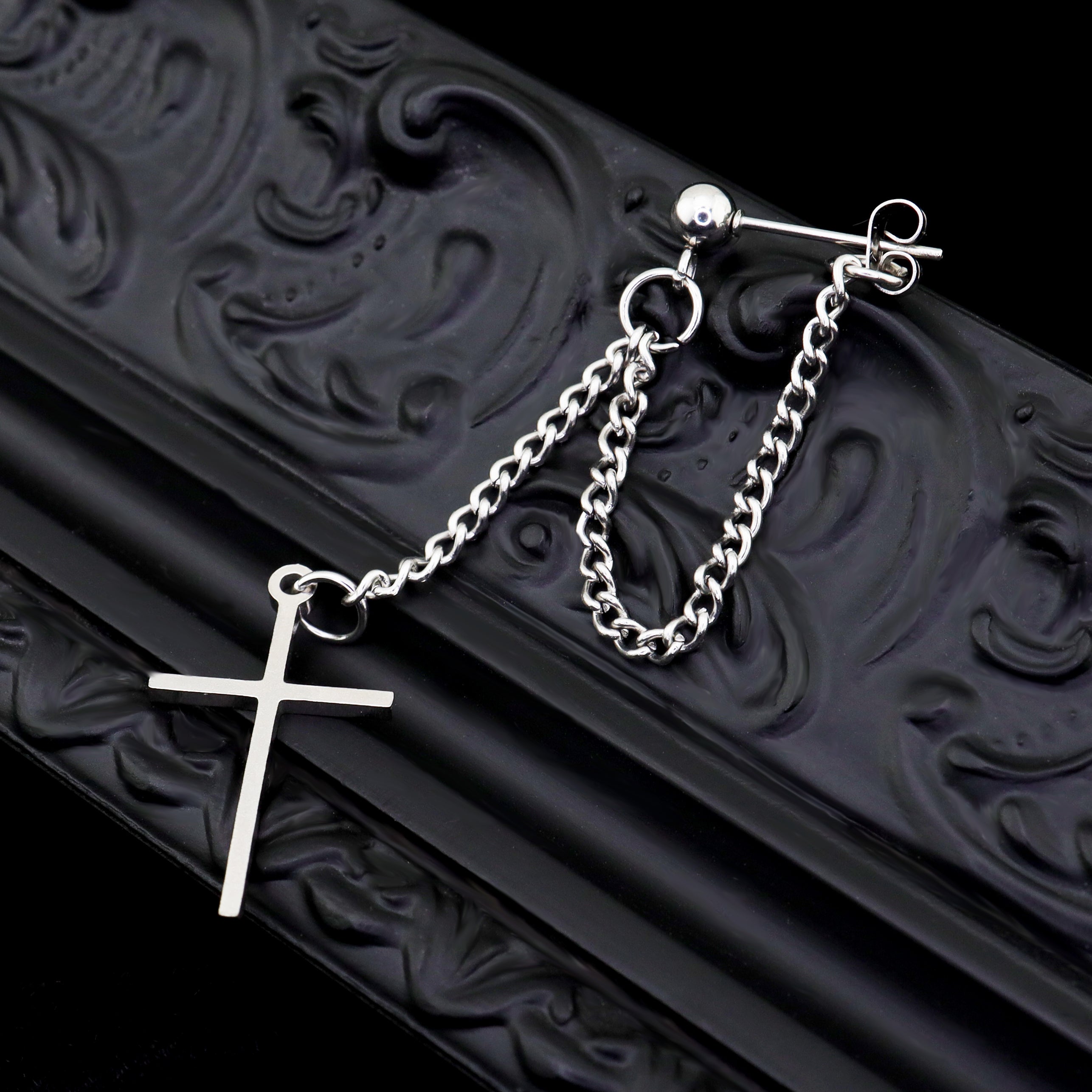 Silver & Black Cross Drop Chain tainless steel Ear Studs ph1