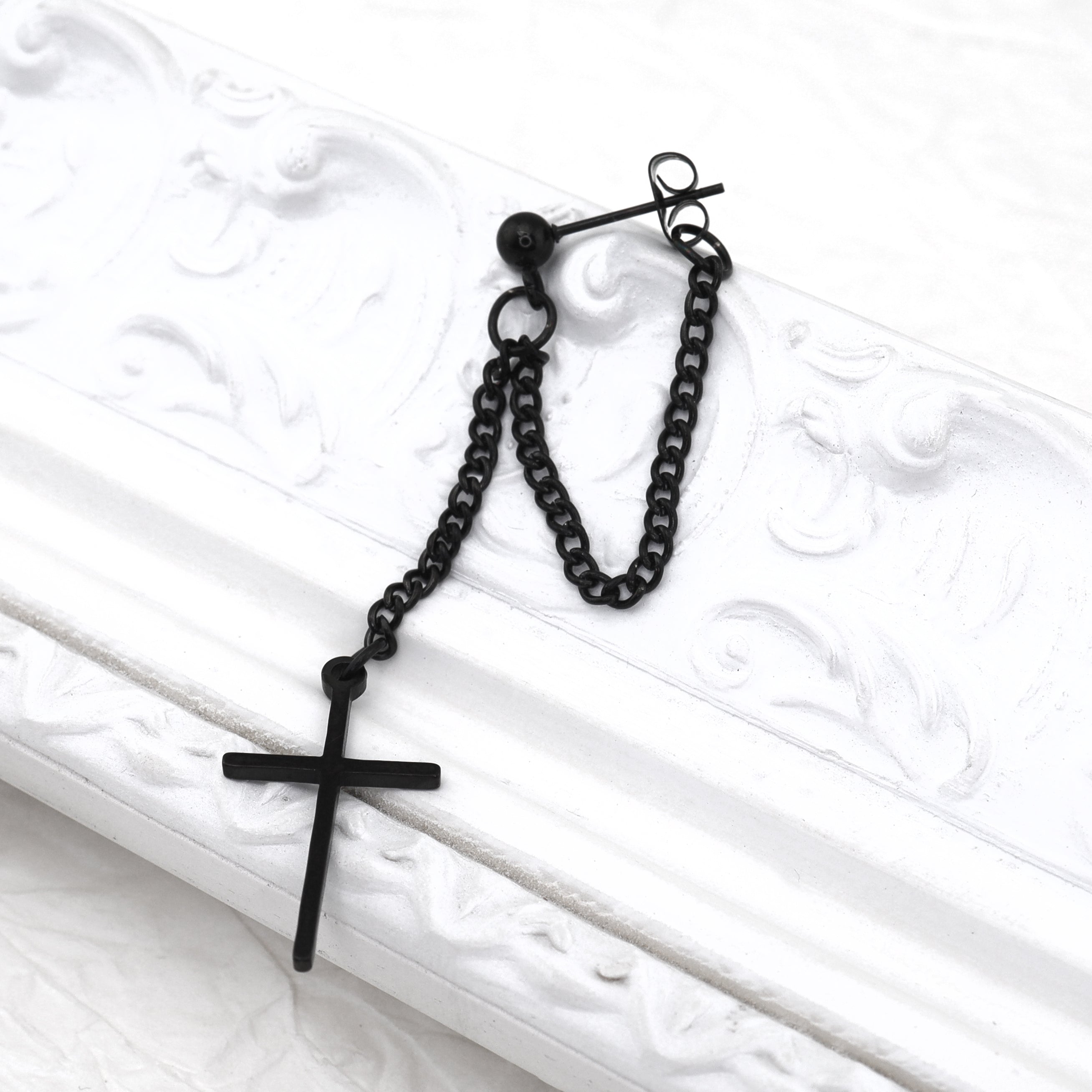 Silver & Black Cross Drop Chain tainless steel Ear Studs ph1