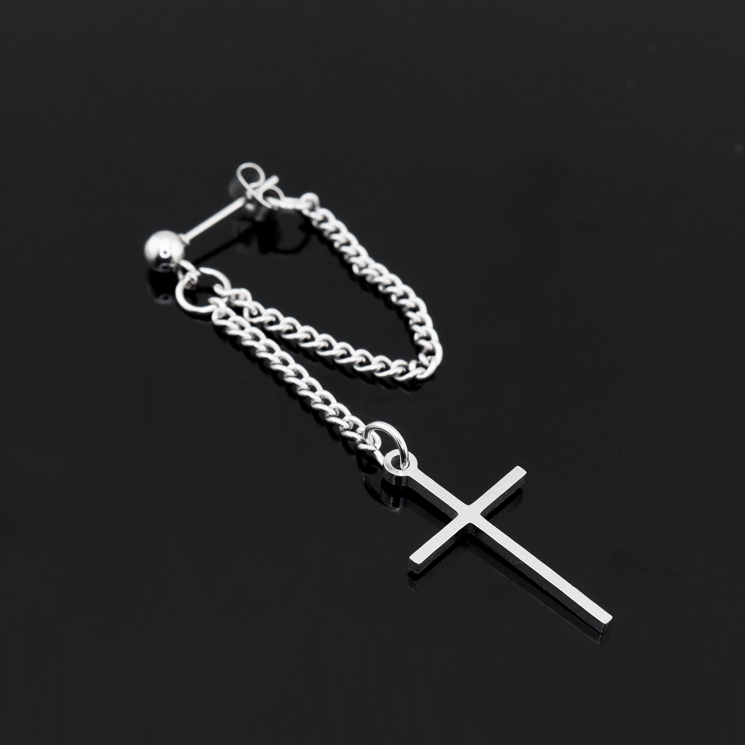 Silver & Black Cross Drop Chain tainless steel Ear Studs ph1
