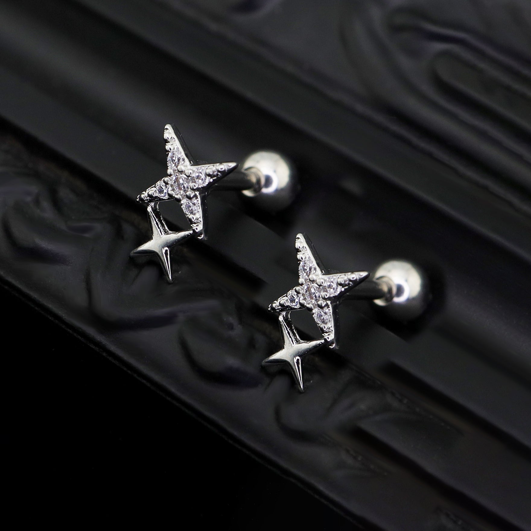 Double Four-Point Star CZ stainless steel Studs ph1