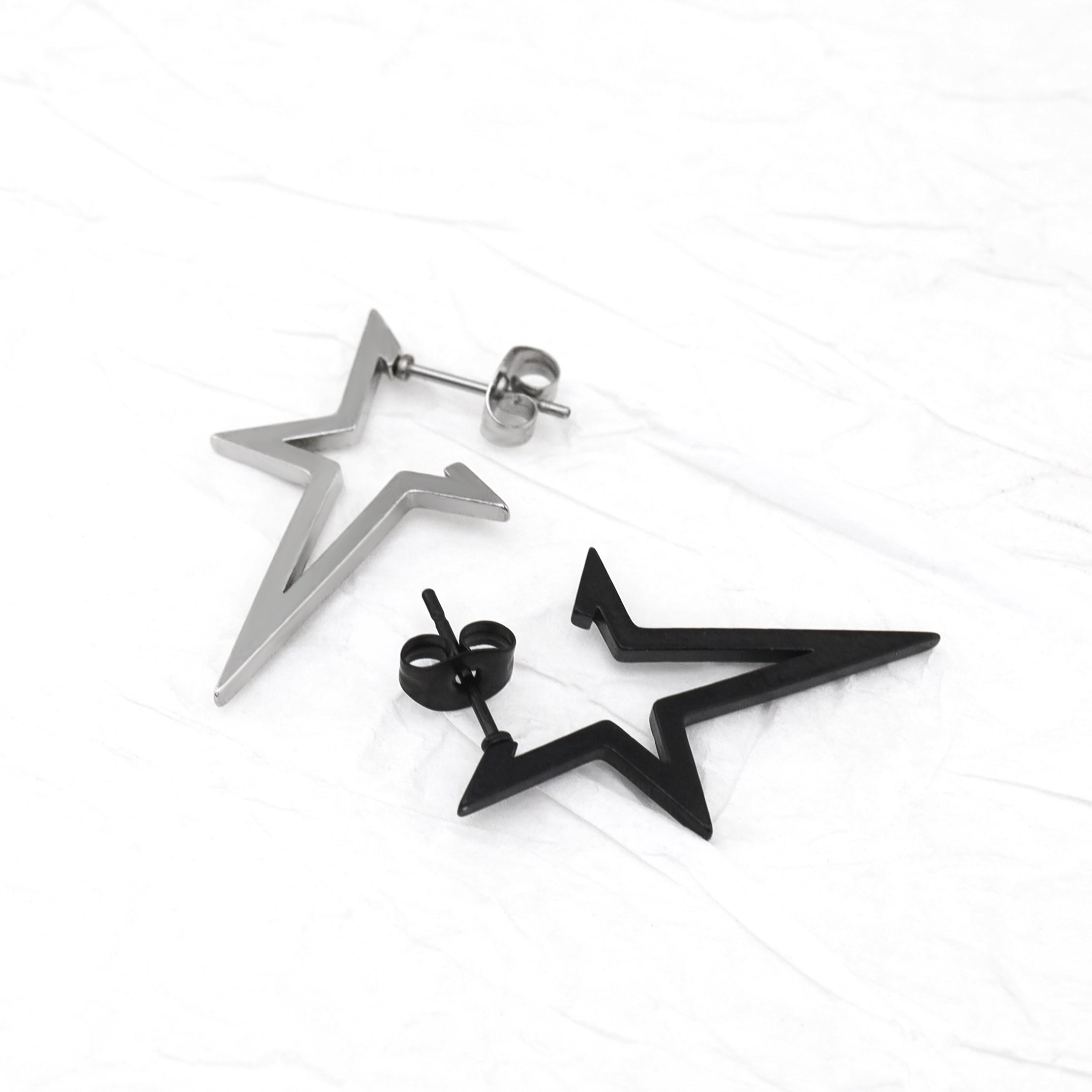 Black & White Large Spike Pentagram stainless steel Ear Studs