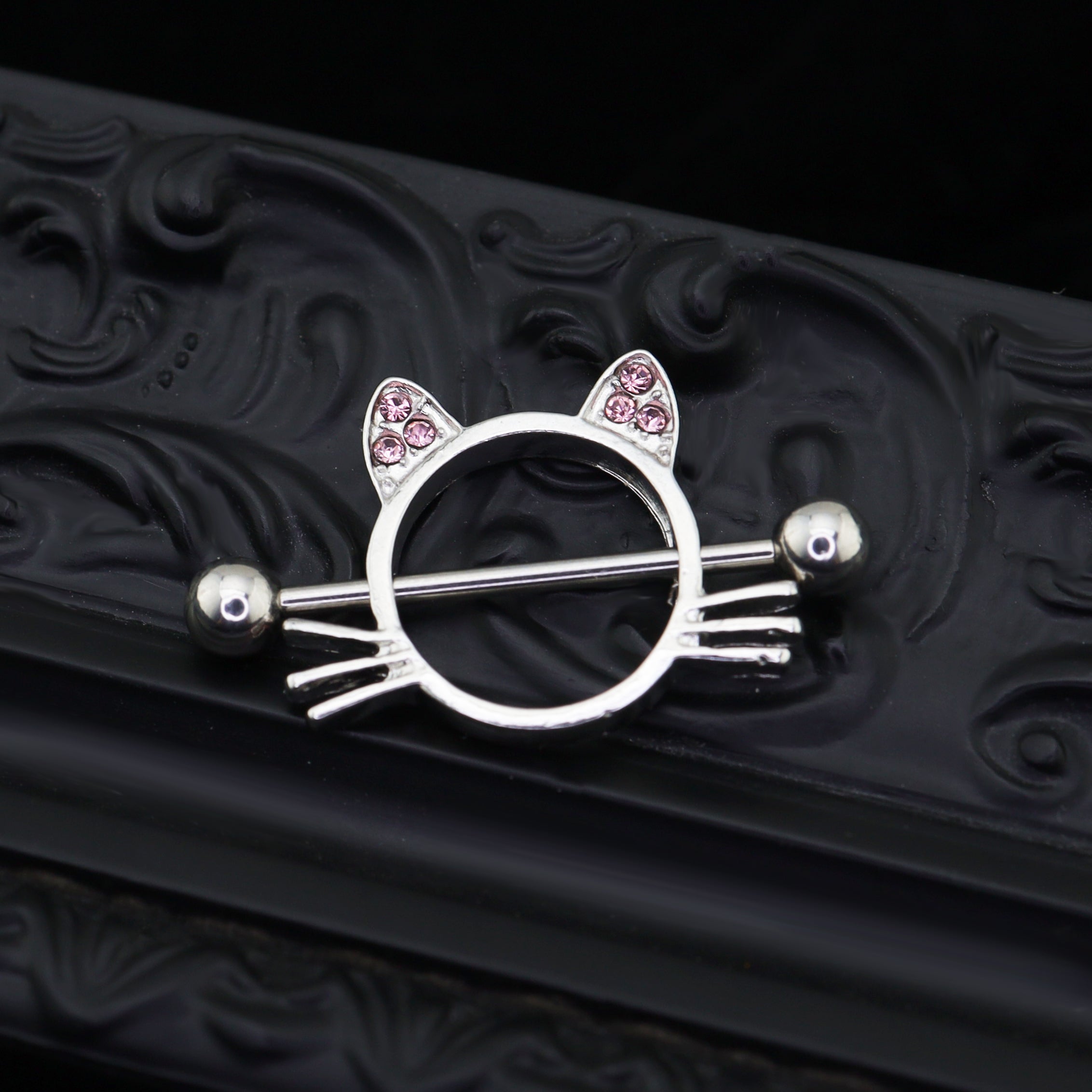 Pink CZ Cat Head stainless steel Nipple Rings ph1