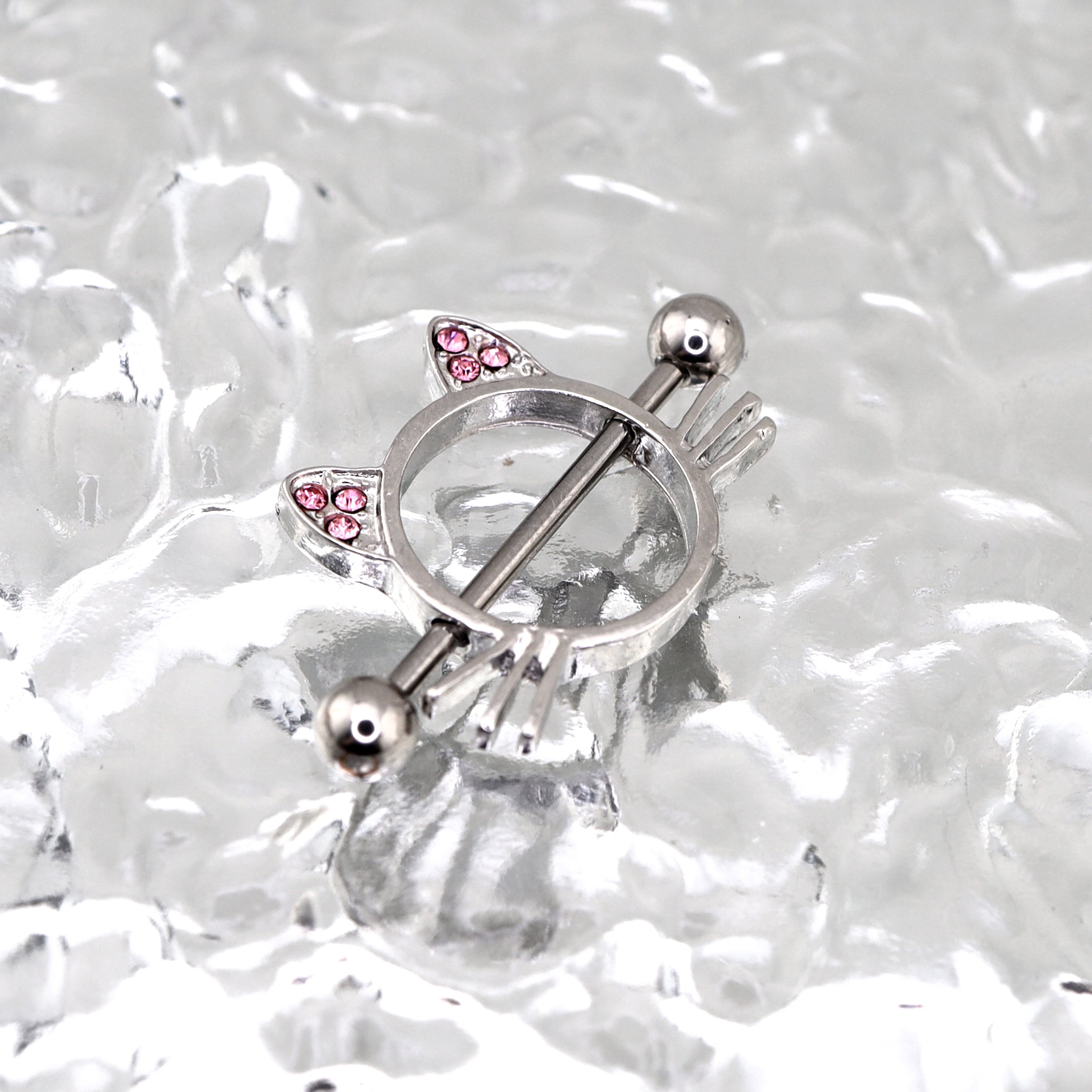 Pink CZ Cat Head stainless steel Nipple Rings ph1