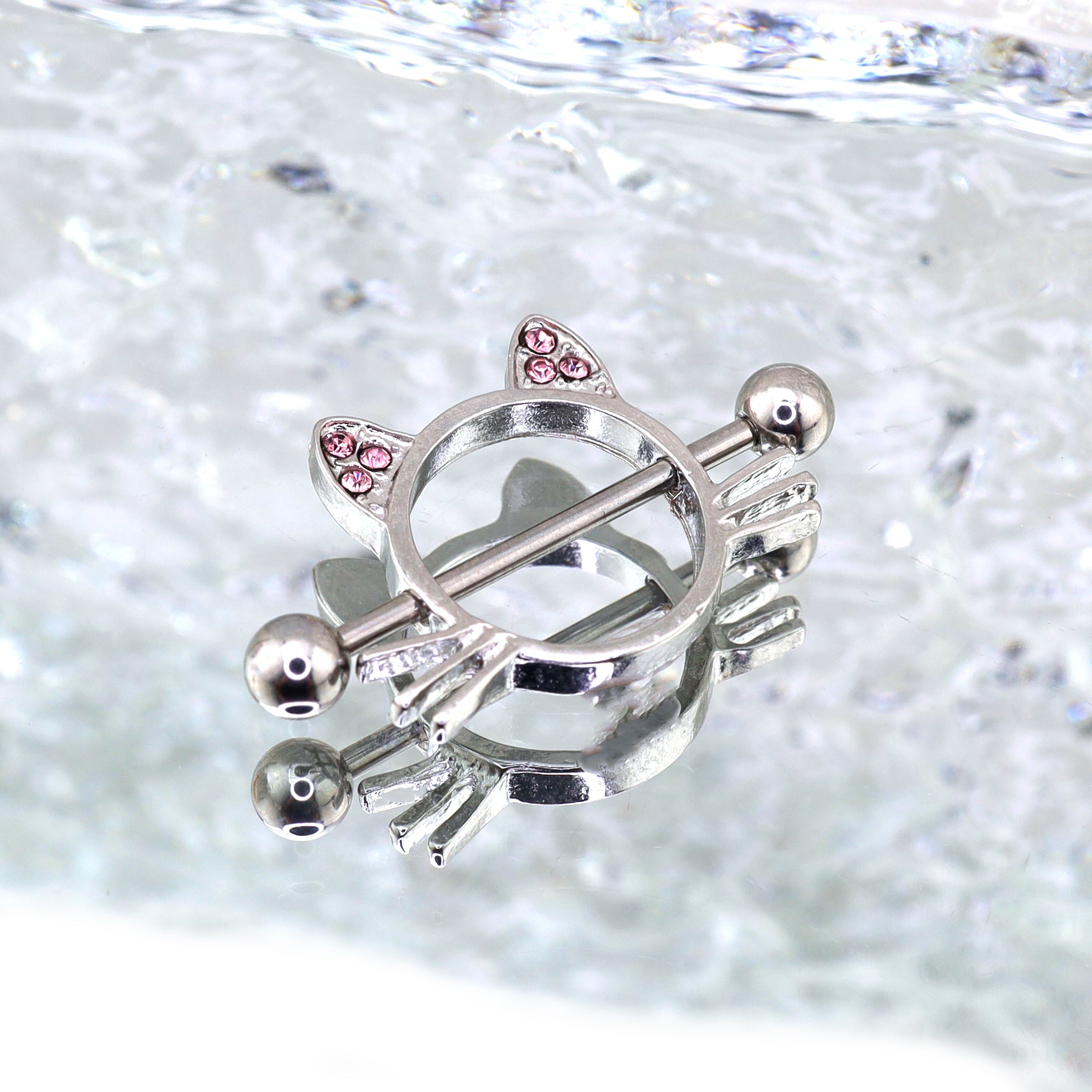 Pink CZ Cat Head stainless steel Nipple Rings ph1