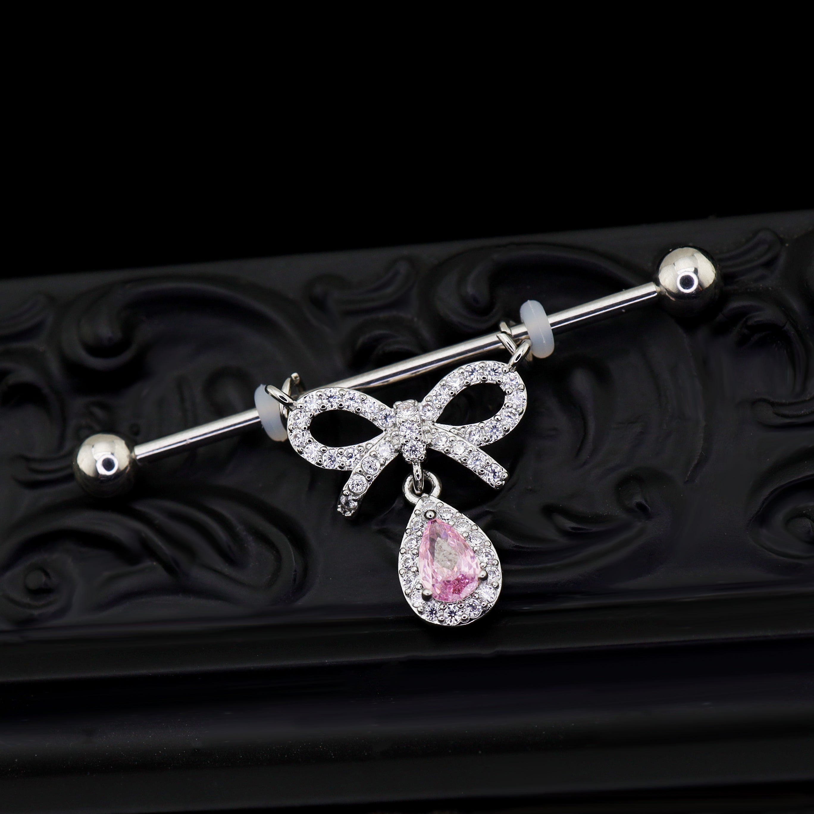 Pink CZ Bow Pendant stainless steel Industrial Barbell ph1