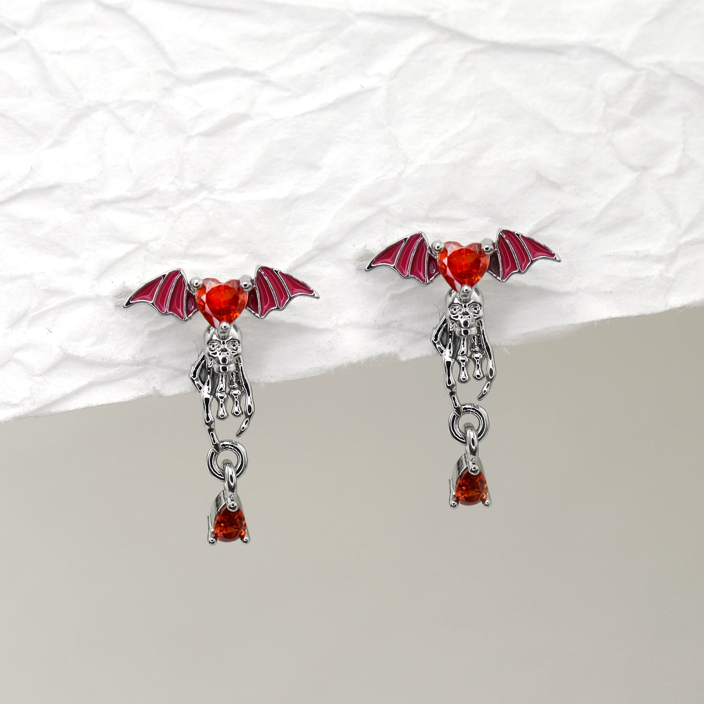 Red CZ Bat & Skull Dangle Ear Studs ph1