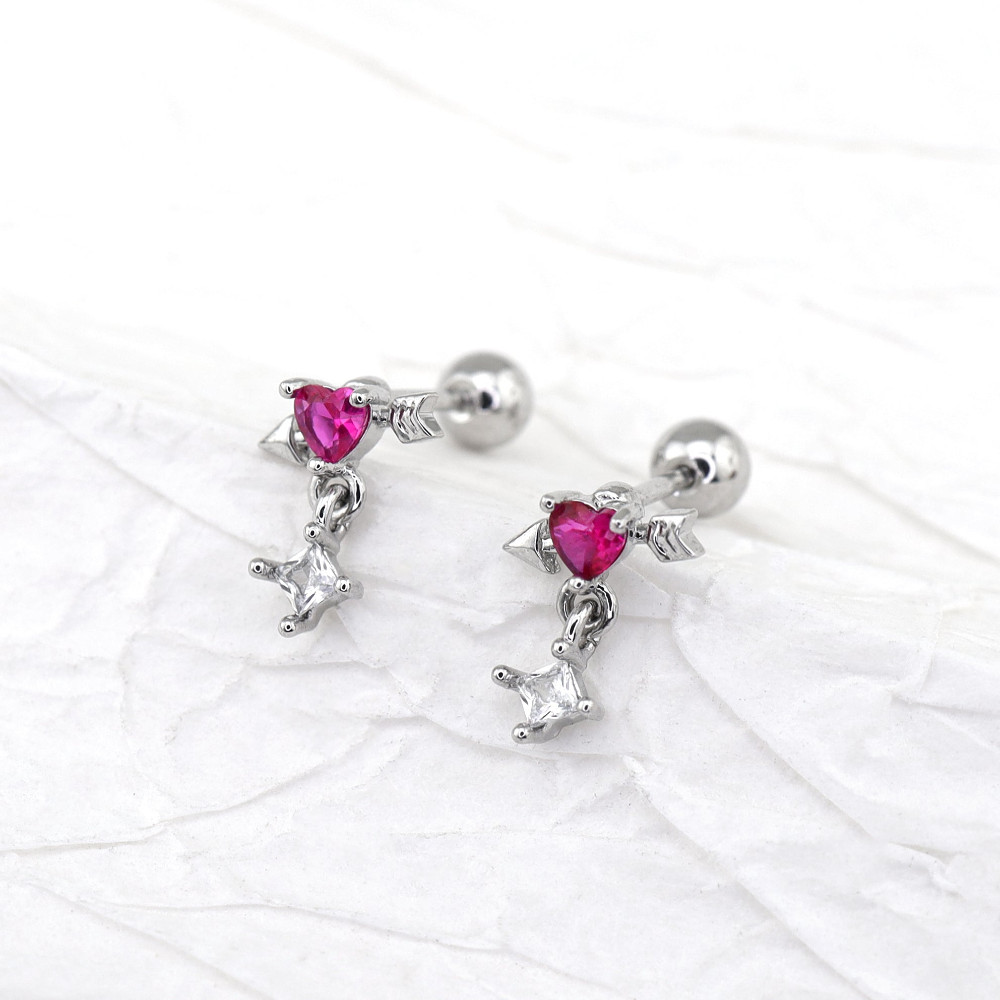 20G Arrow Through Pink Heart CZ Dangle Ear Studs ph1
