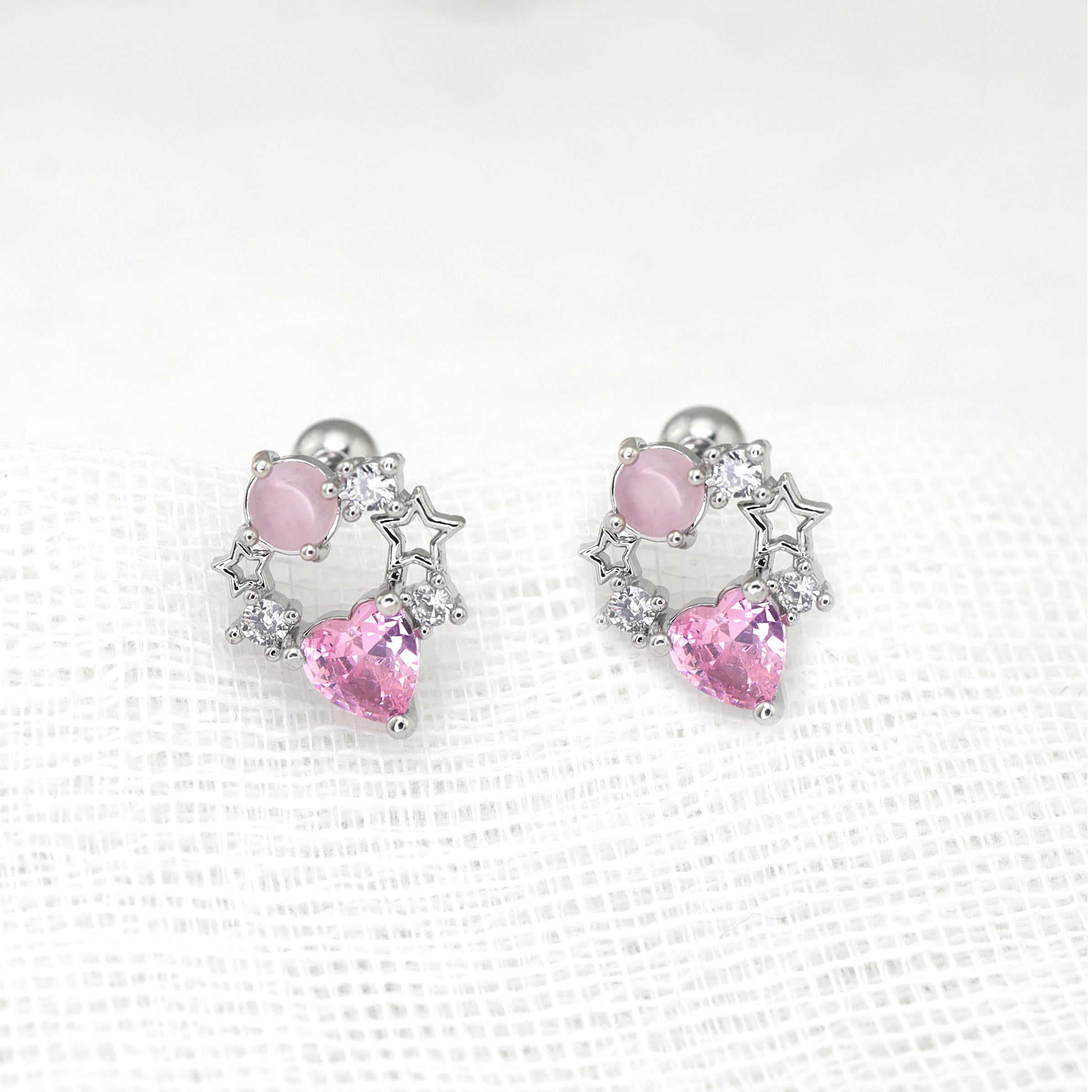 Pink CZ Cat's Eye Floral Halo Ear Studs ph1