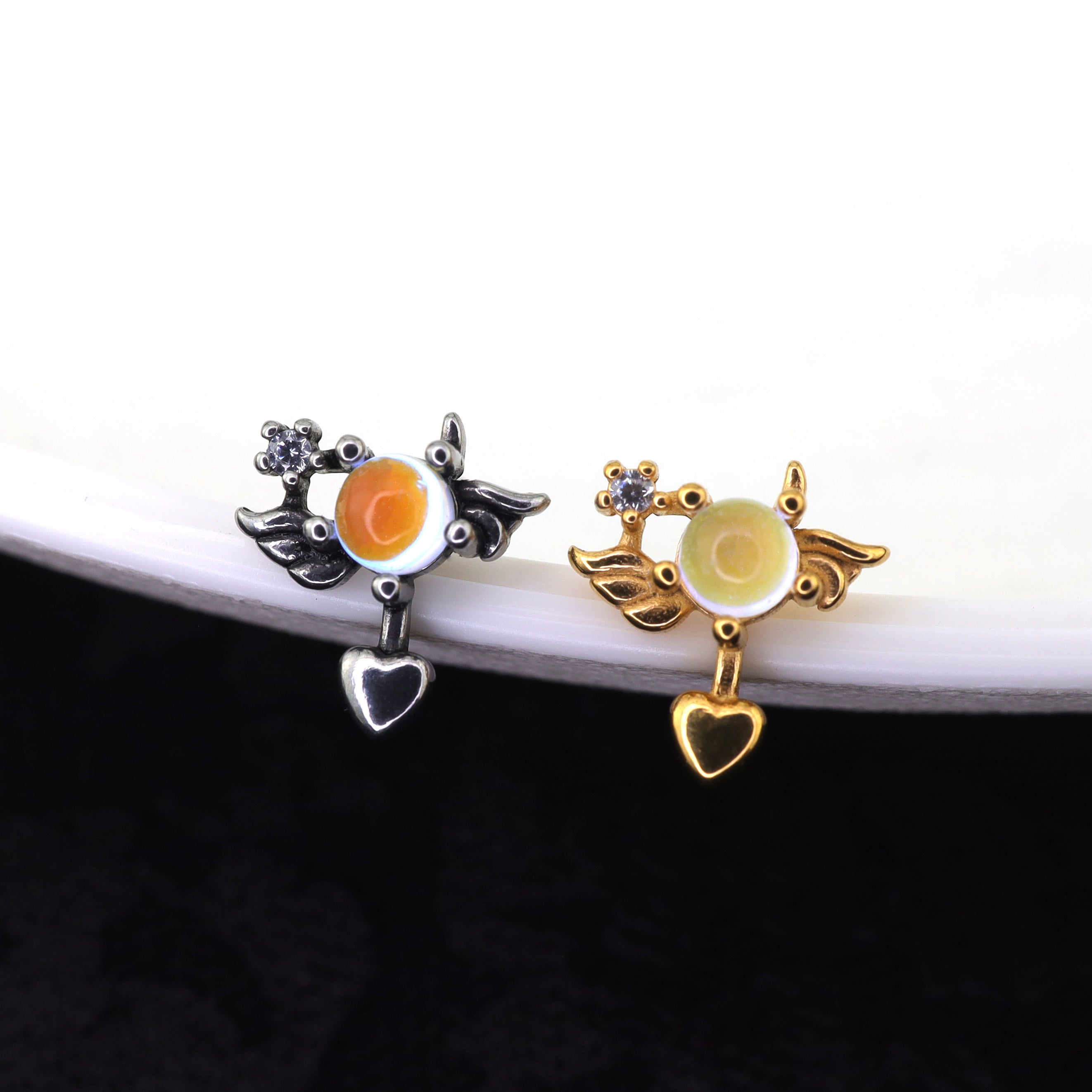 Heart Opal Wing stainless steel Ear Stud ph1