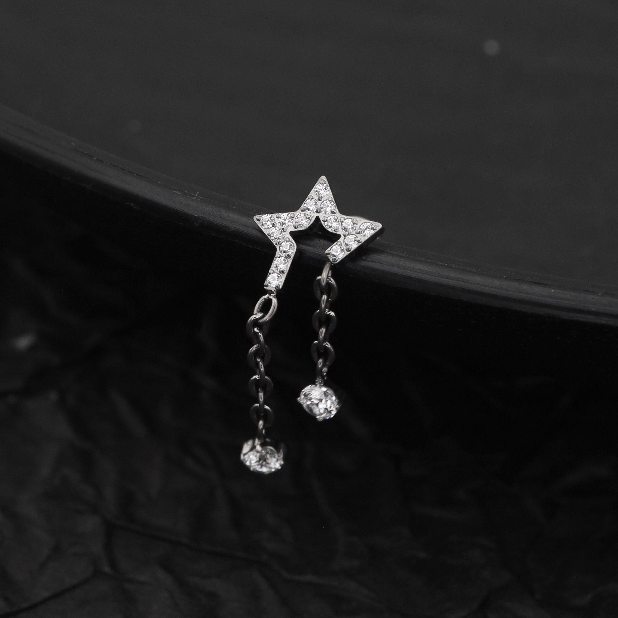Pentagram CZ Internally Threaded Titanium Dangle Ear Stud ph1