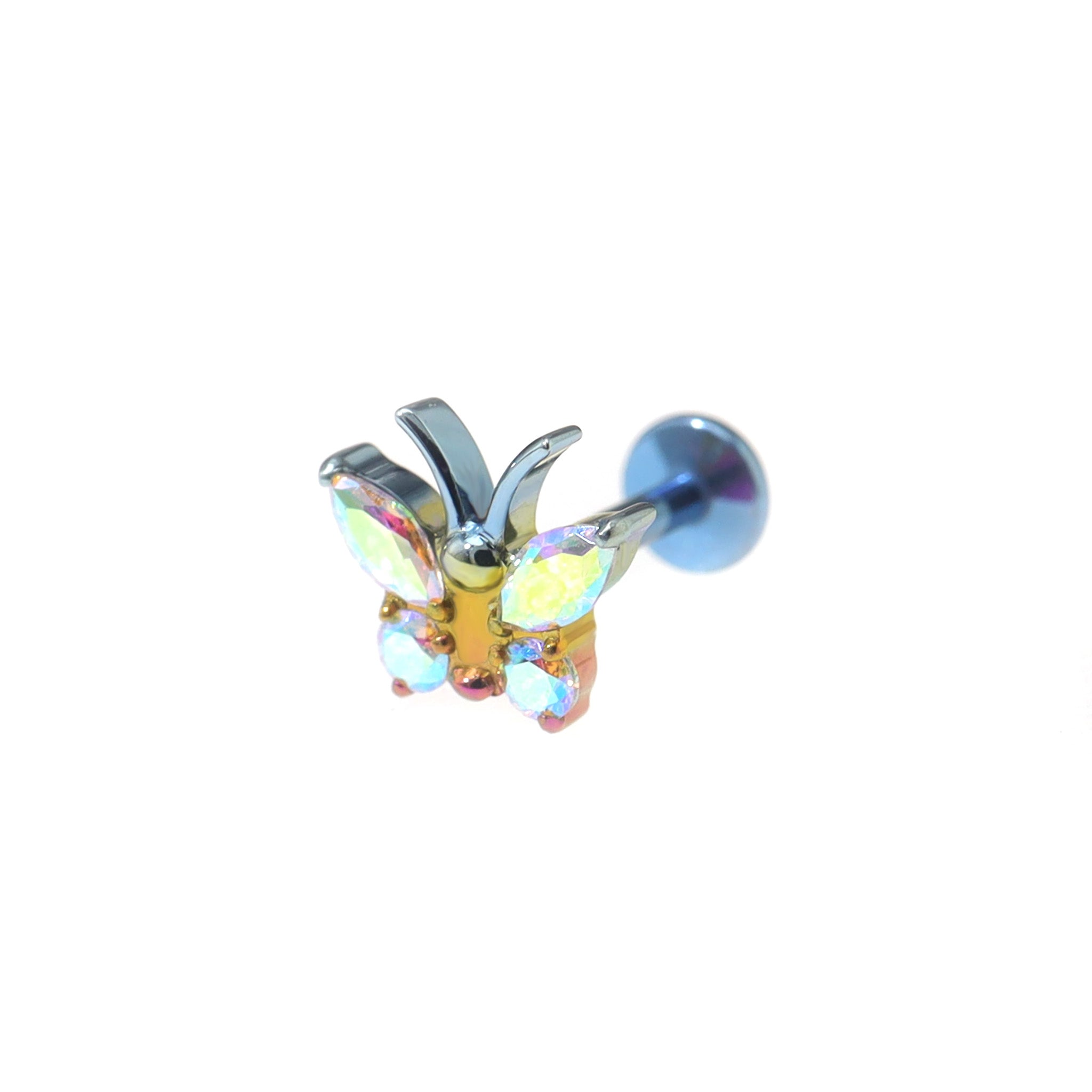 Rainbow CZ Butterfly Internally Threaded Titanium Ear Studs