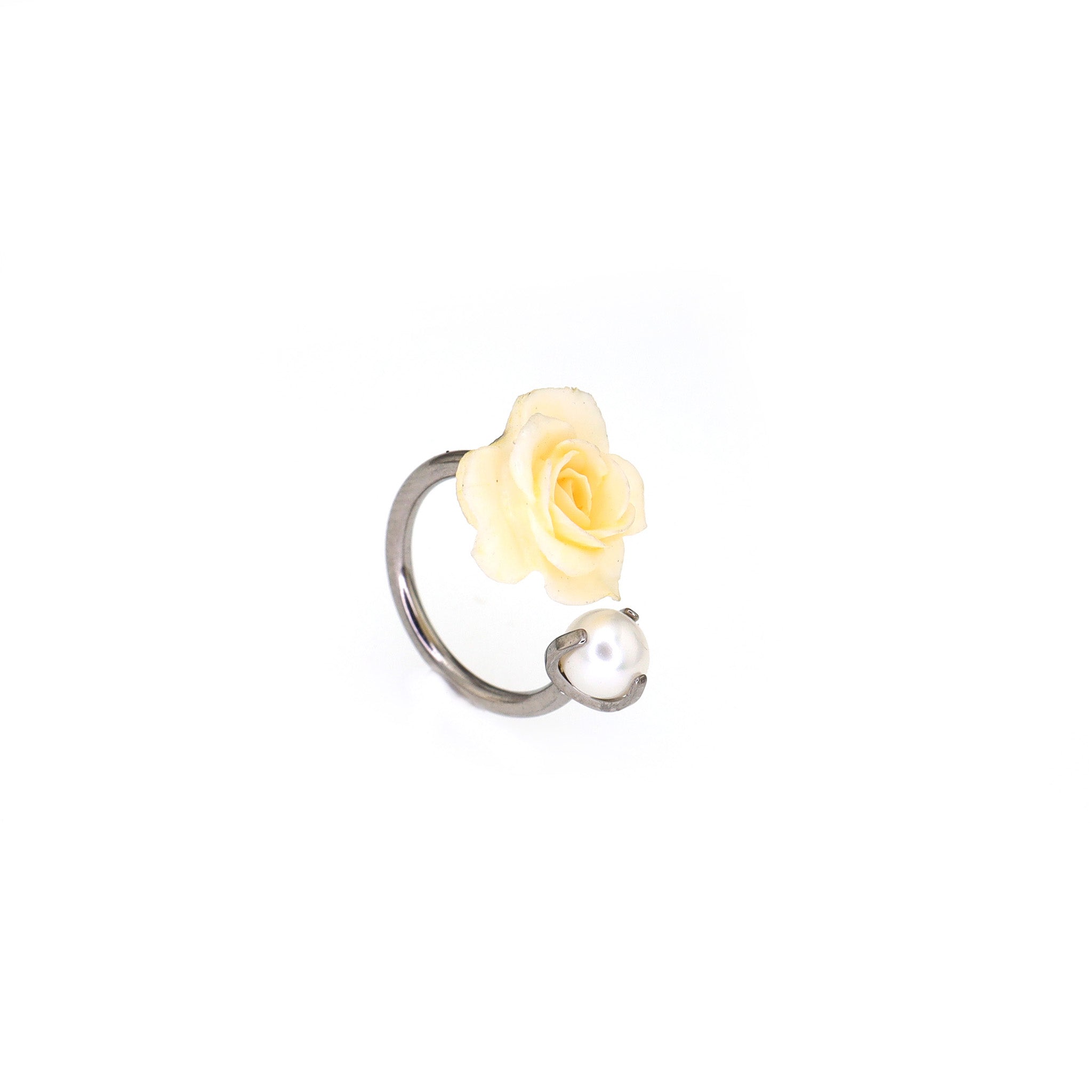 Yellow Rose & Pearl Titanium Horseshoe Ring ph1