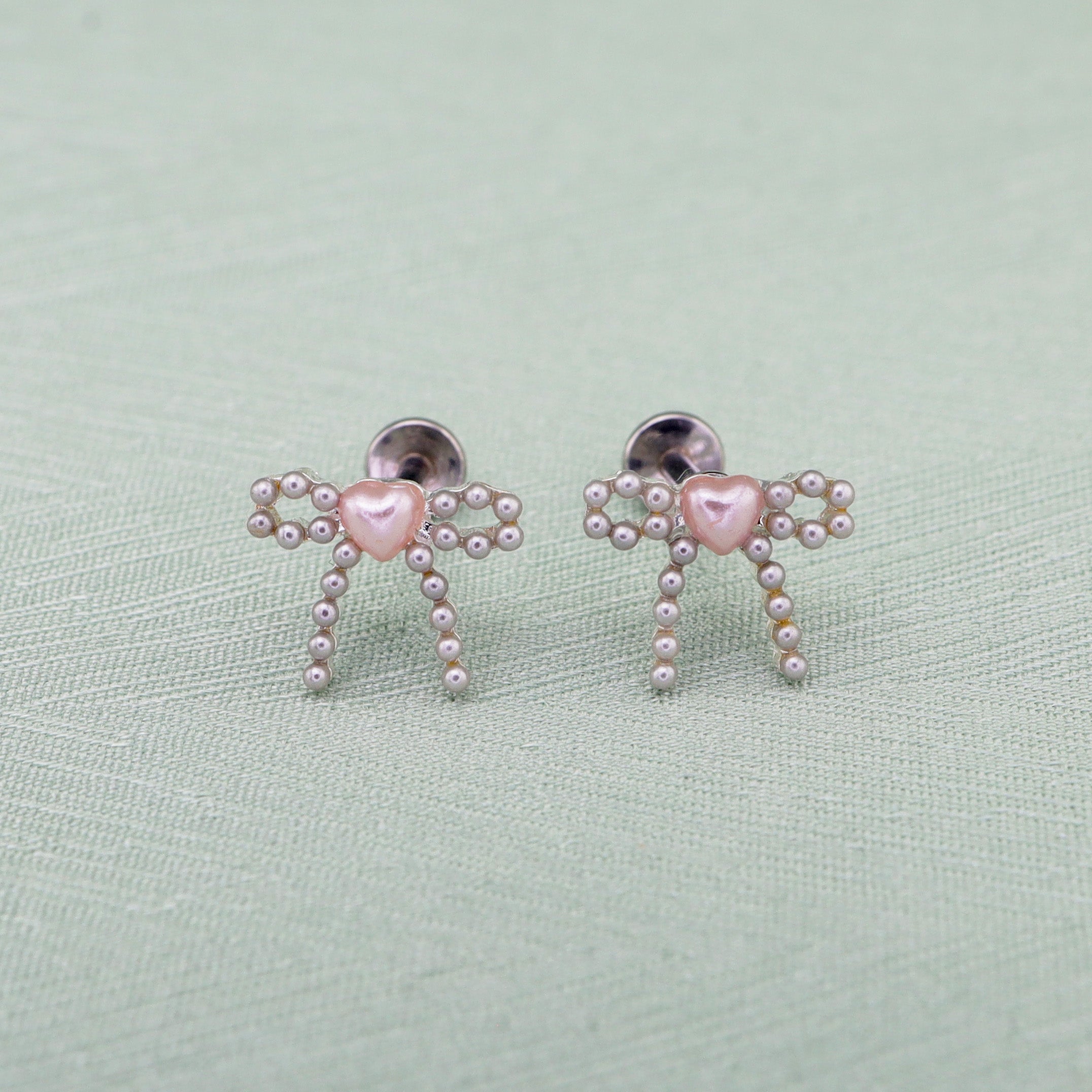 Heart Pearl Bow stainless steel Ear Studs ph1