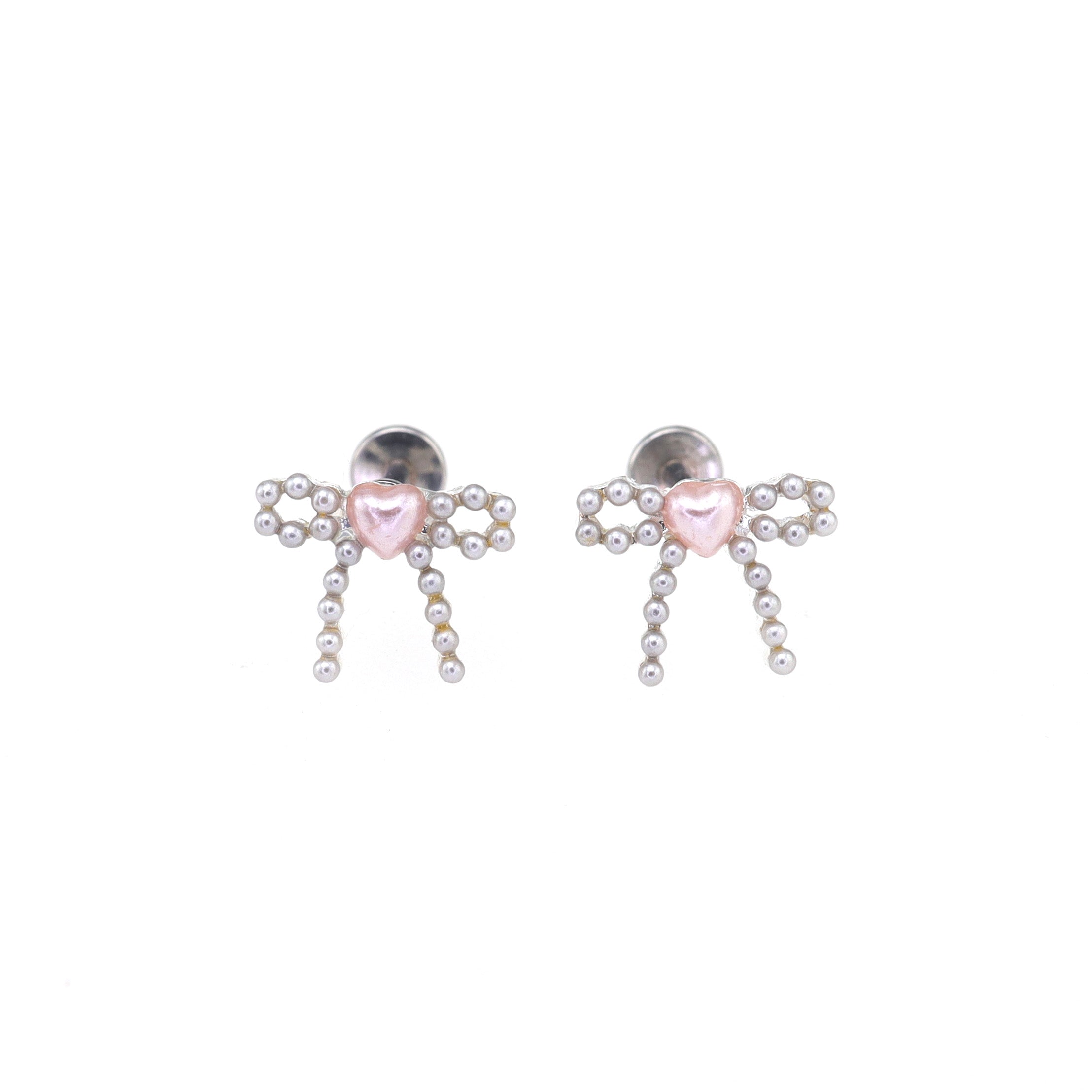 Heart Pearl Bow stainless steel Ear Studs ph1