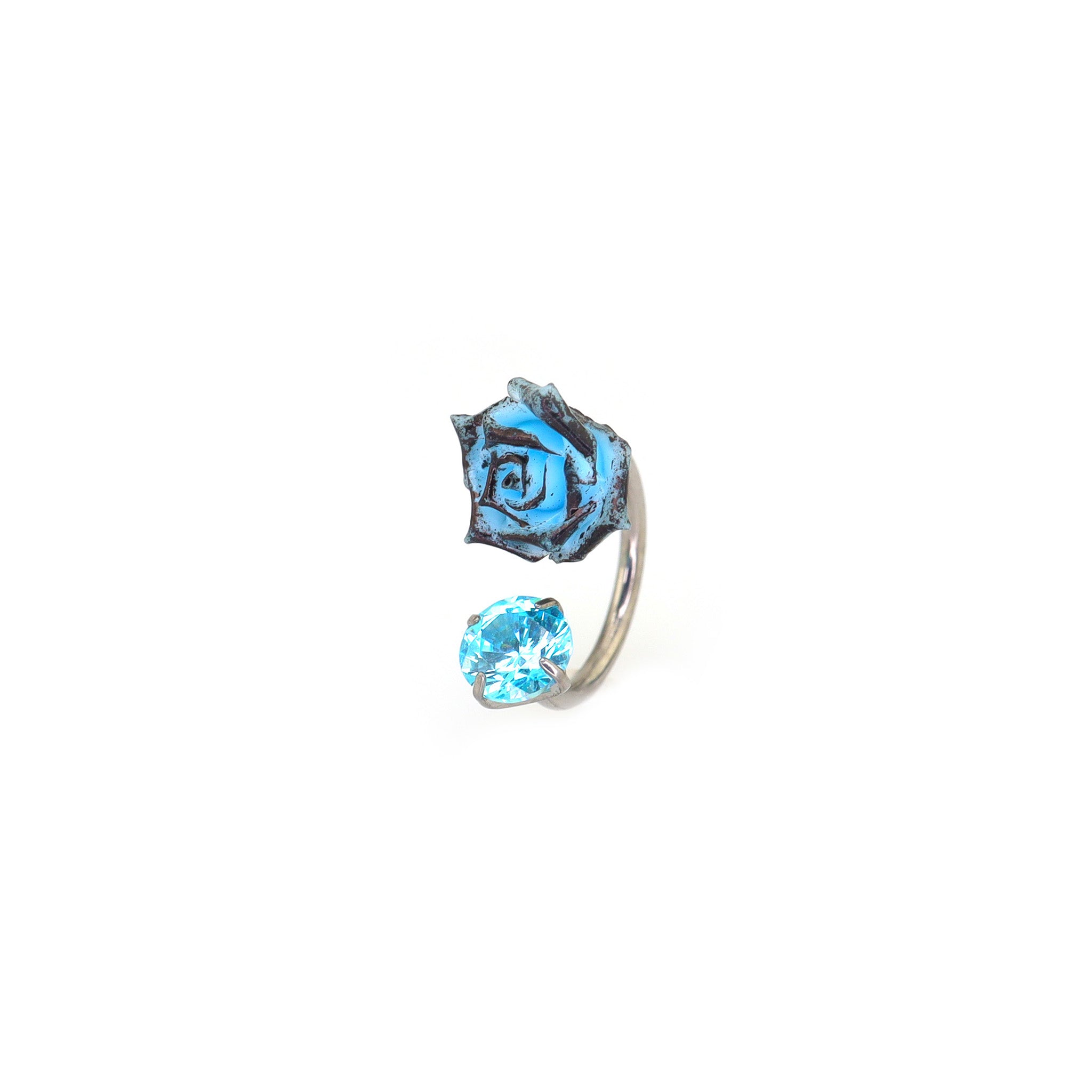 3D Blue Resin Rose & CZ Titanium Horseshoe Rings ph1