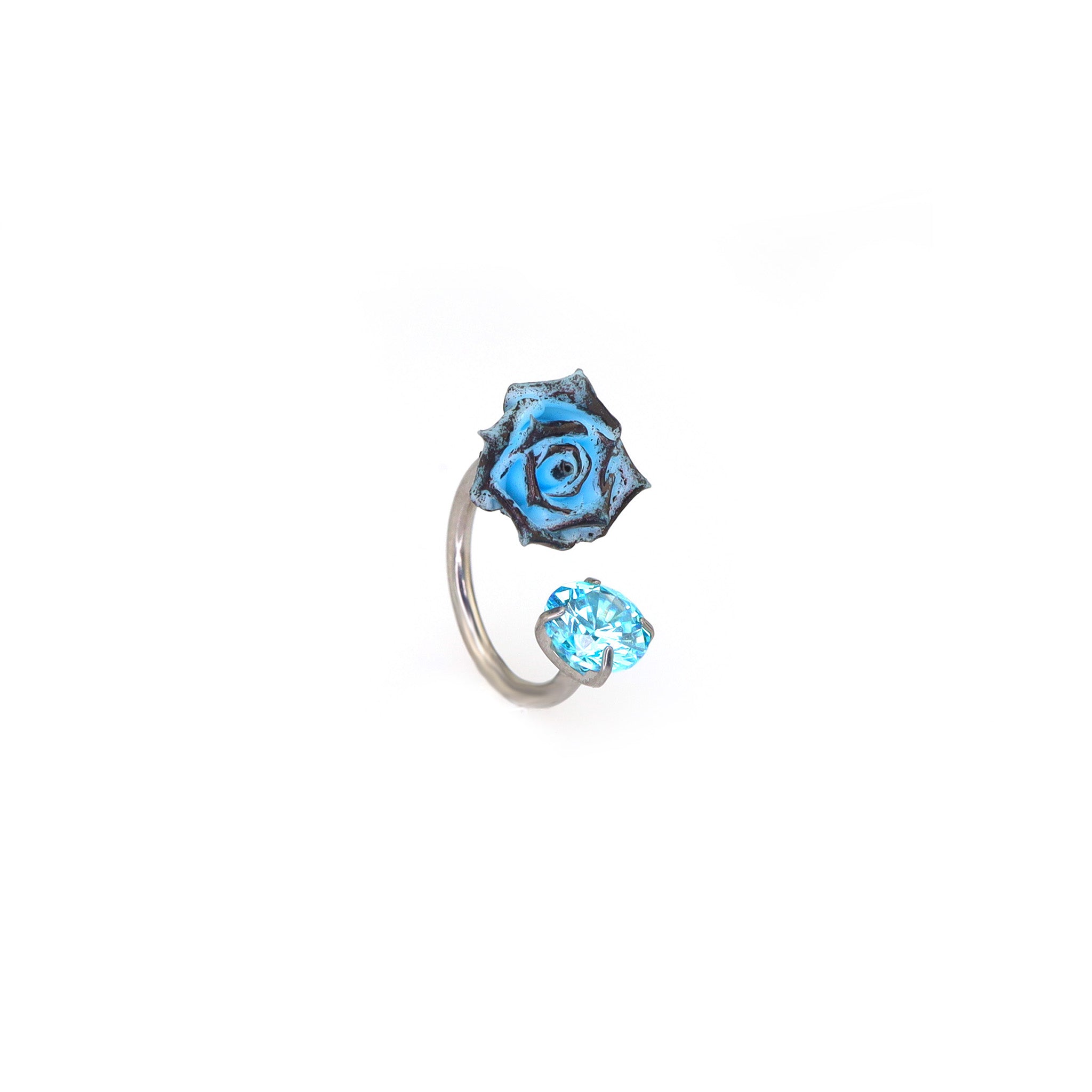 3D Blue Resin Rose & CZ Titanium Horseshoe Rings ph1