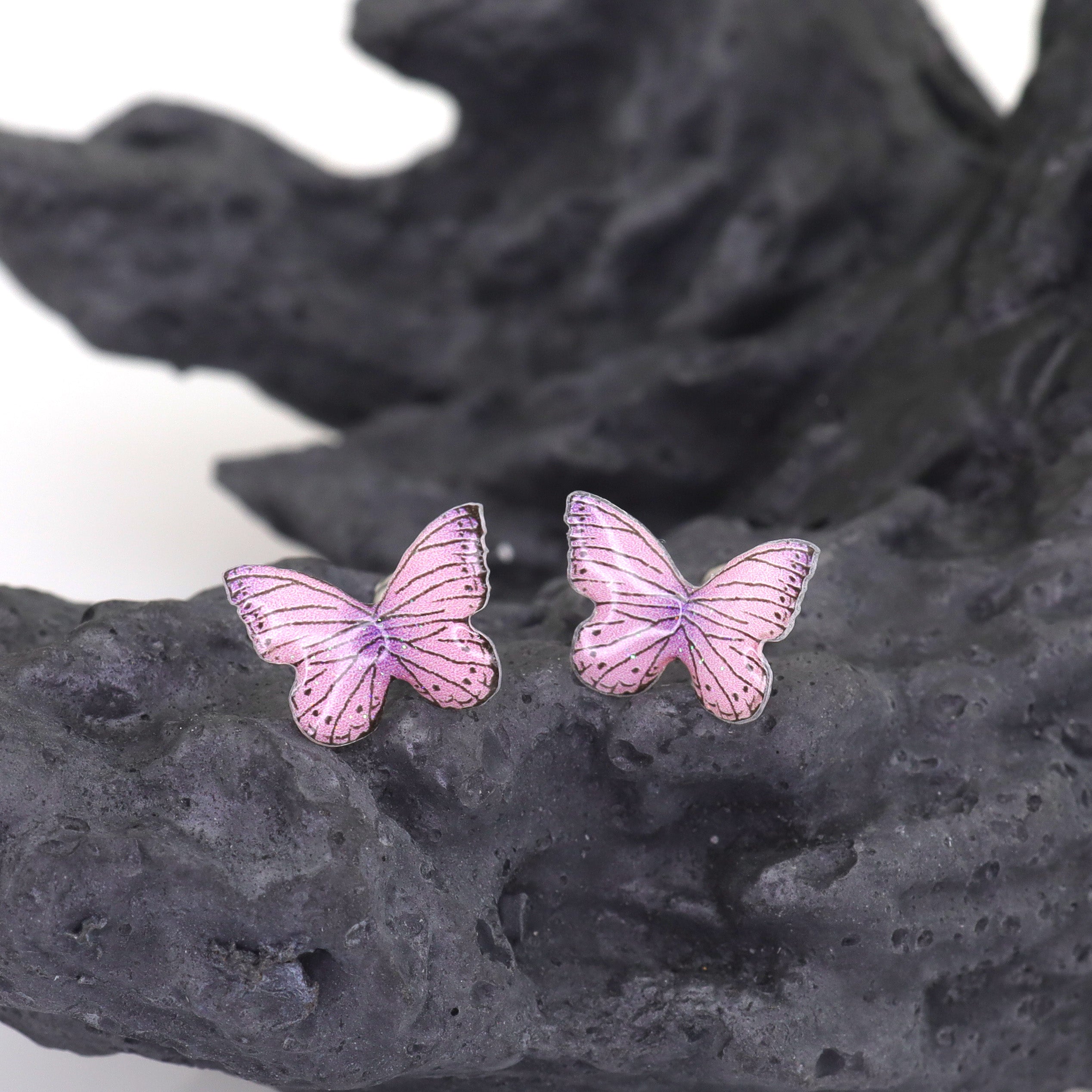 3D Pink Gradient Resin Butterfly stainless steel Ear Studs
