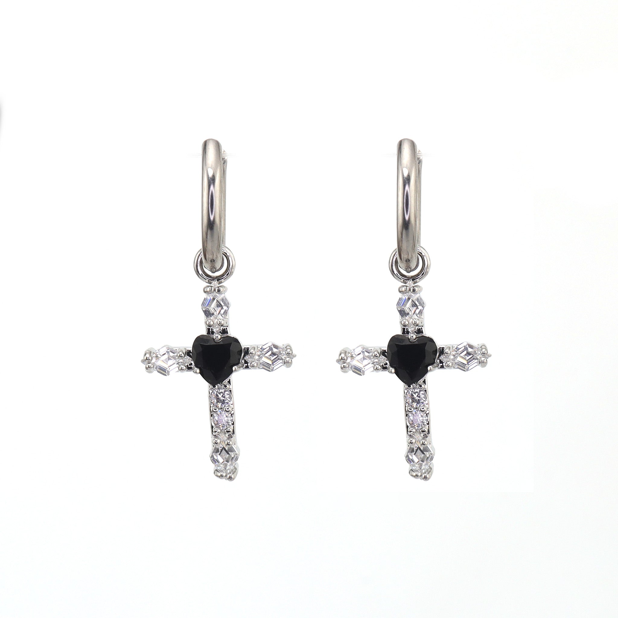 PAIR OF Heart CZ Large Cross stainless steel Earrings ph1