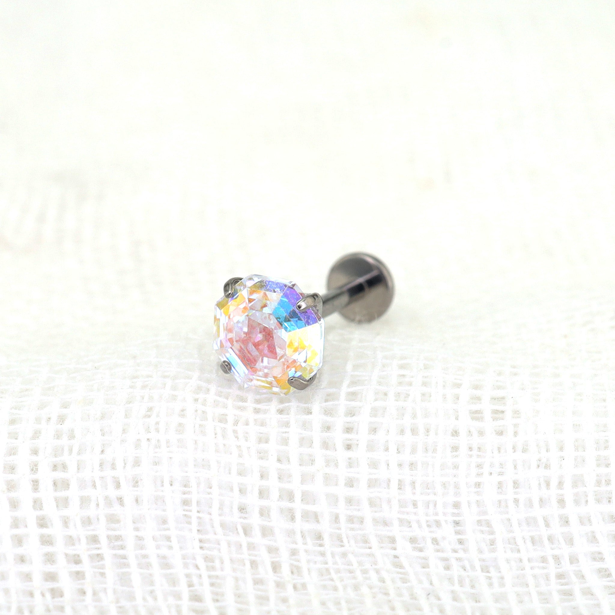 High-Shine Aurora Borealis Octagon CZ Internally Threaded Titanium Studs ph1