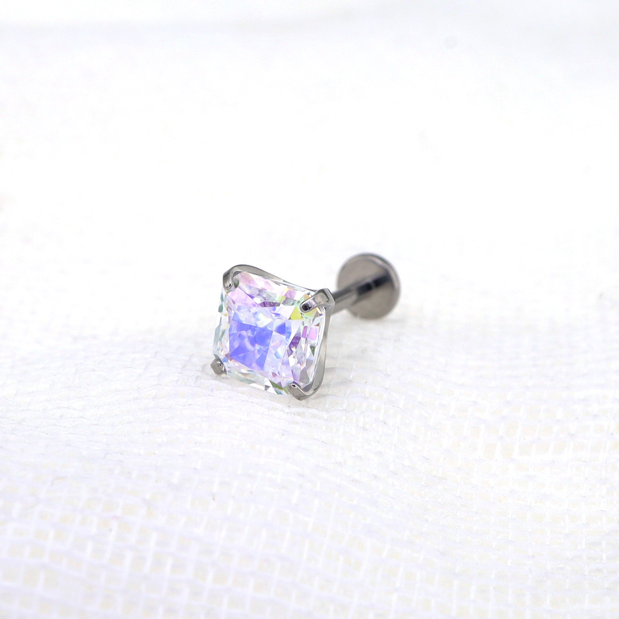 High-Shine Aurora Borealis Square CZ Internally Threaded Titanium Studs ph1
