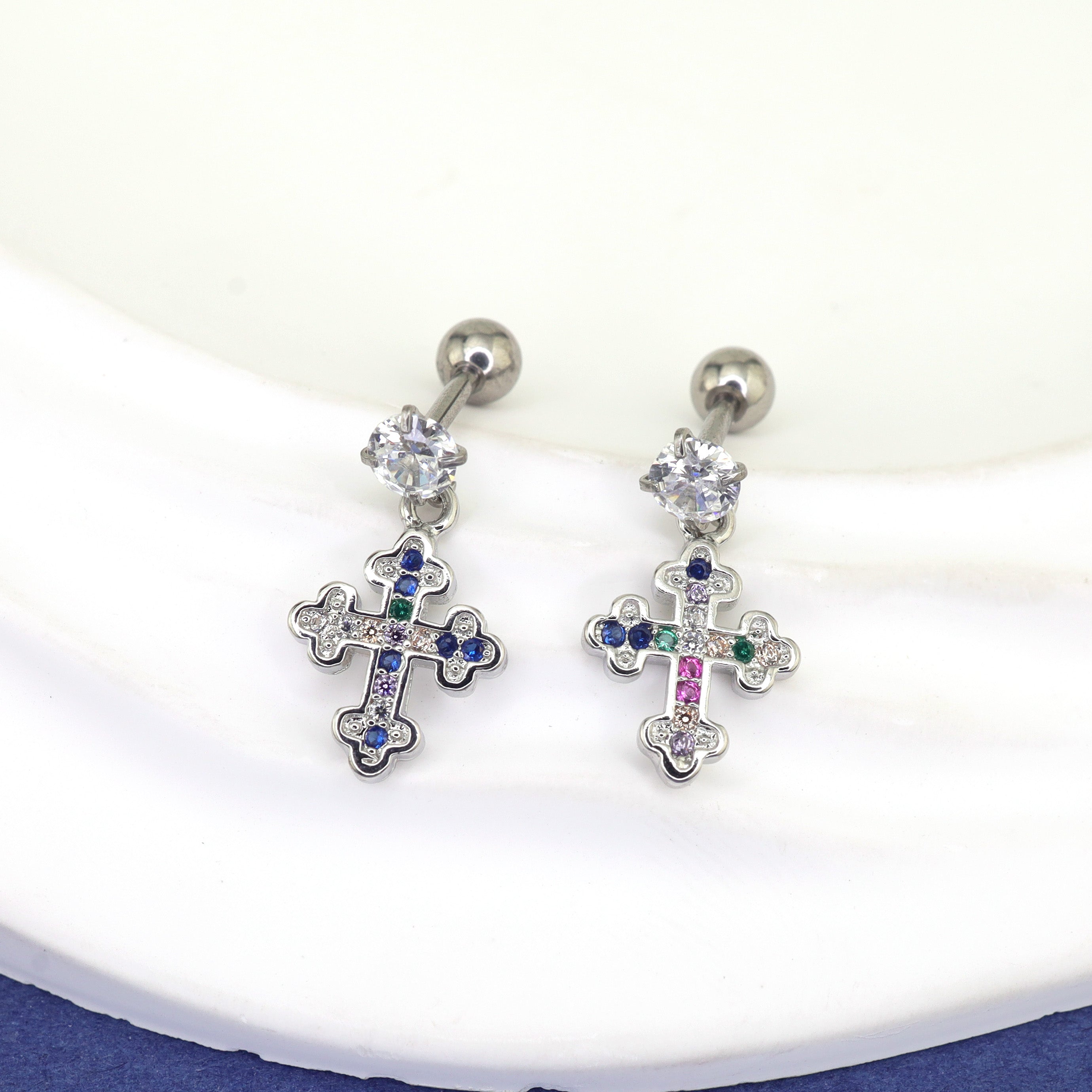 Vintage Cross Pendant Rainbow CZ tainless steel Ear Studs ph1