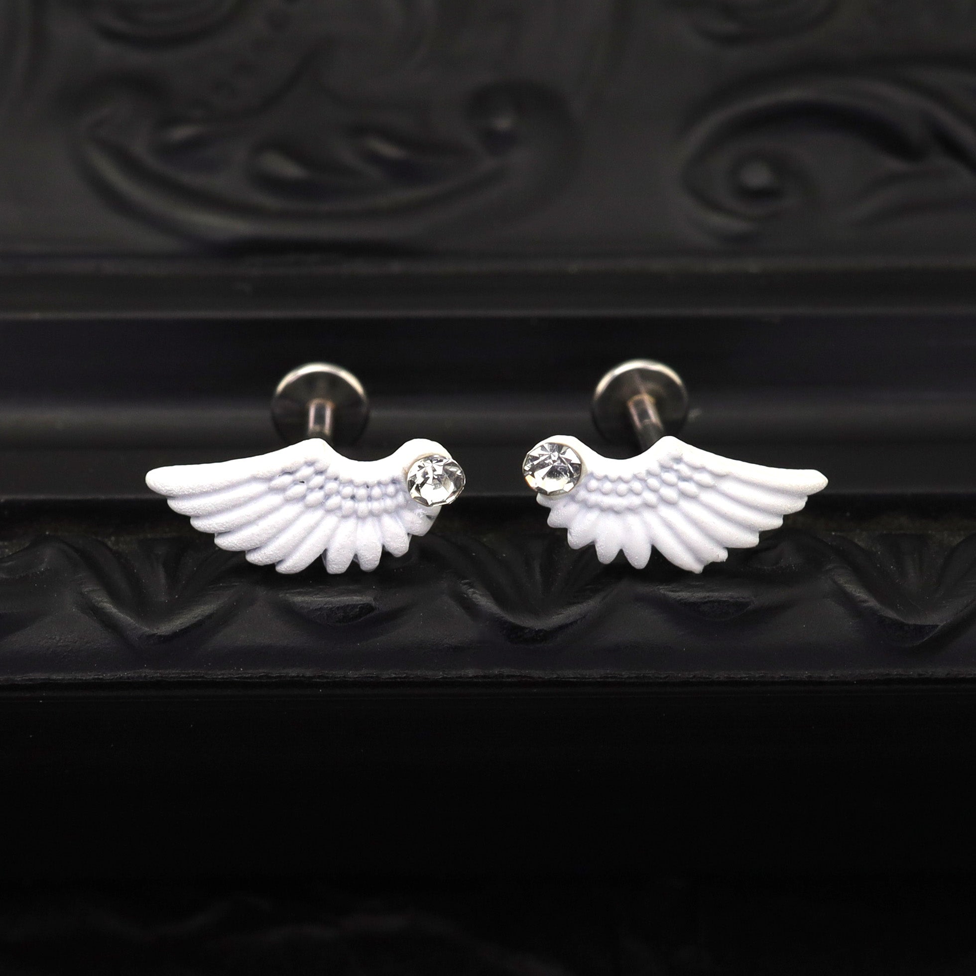 PAIR OF White Wing CZ Internally Threaded stainless steel Studs ph1