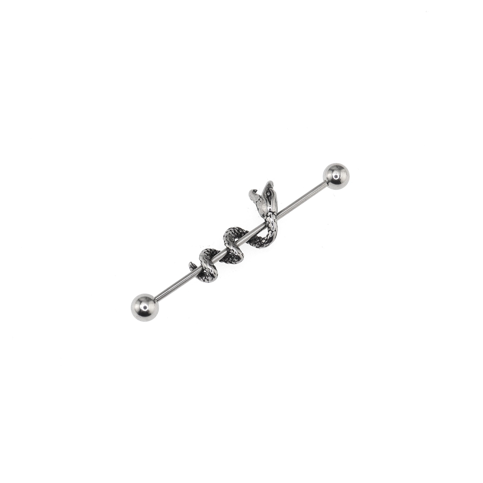 Engraved Coiled Serpent Stainless Steel Industrial Barbell