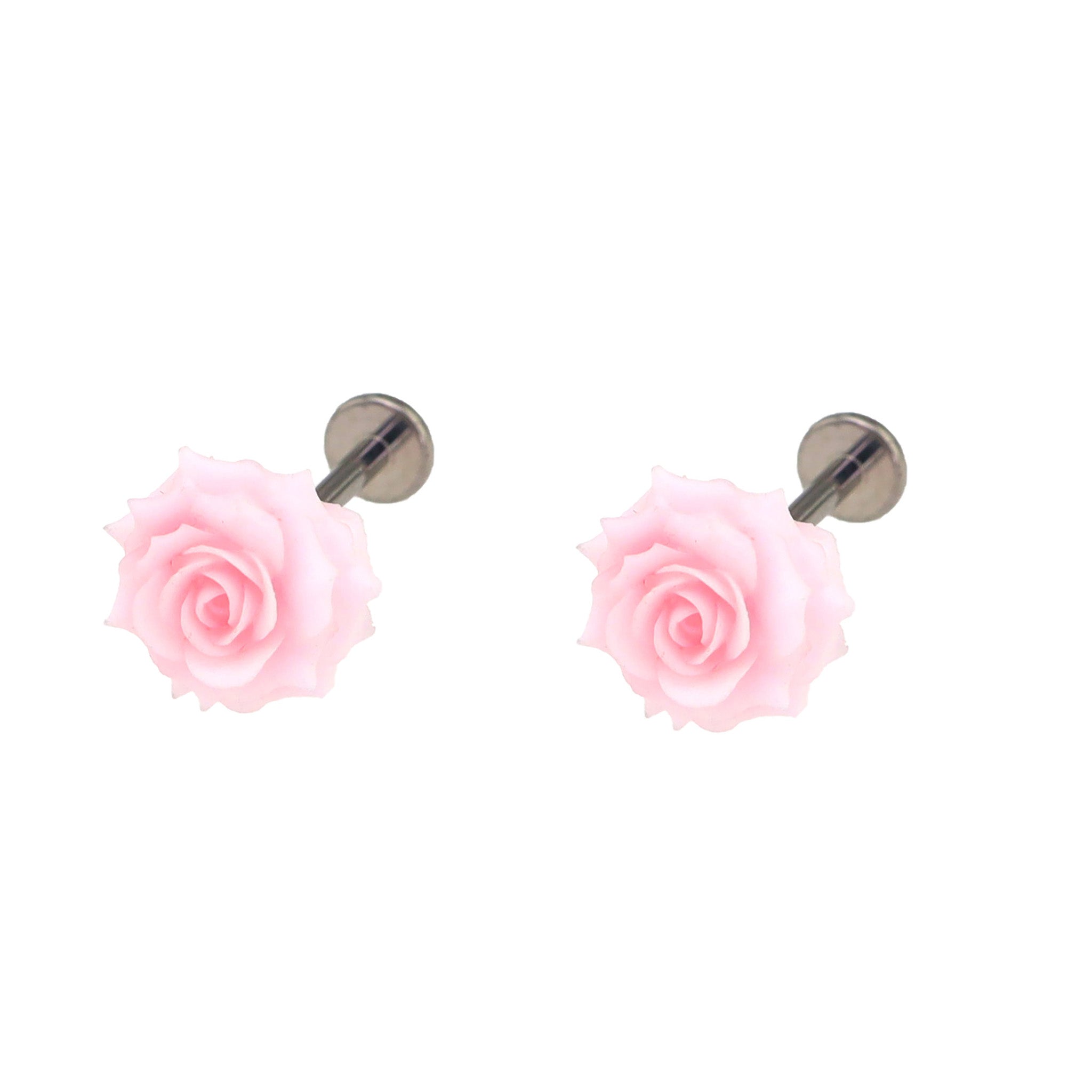 3D Pink Resin Rose Titanium Studs ph1