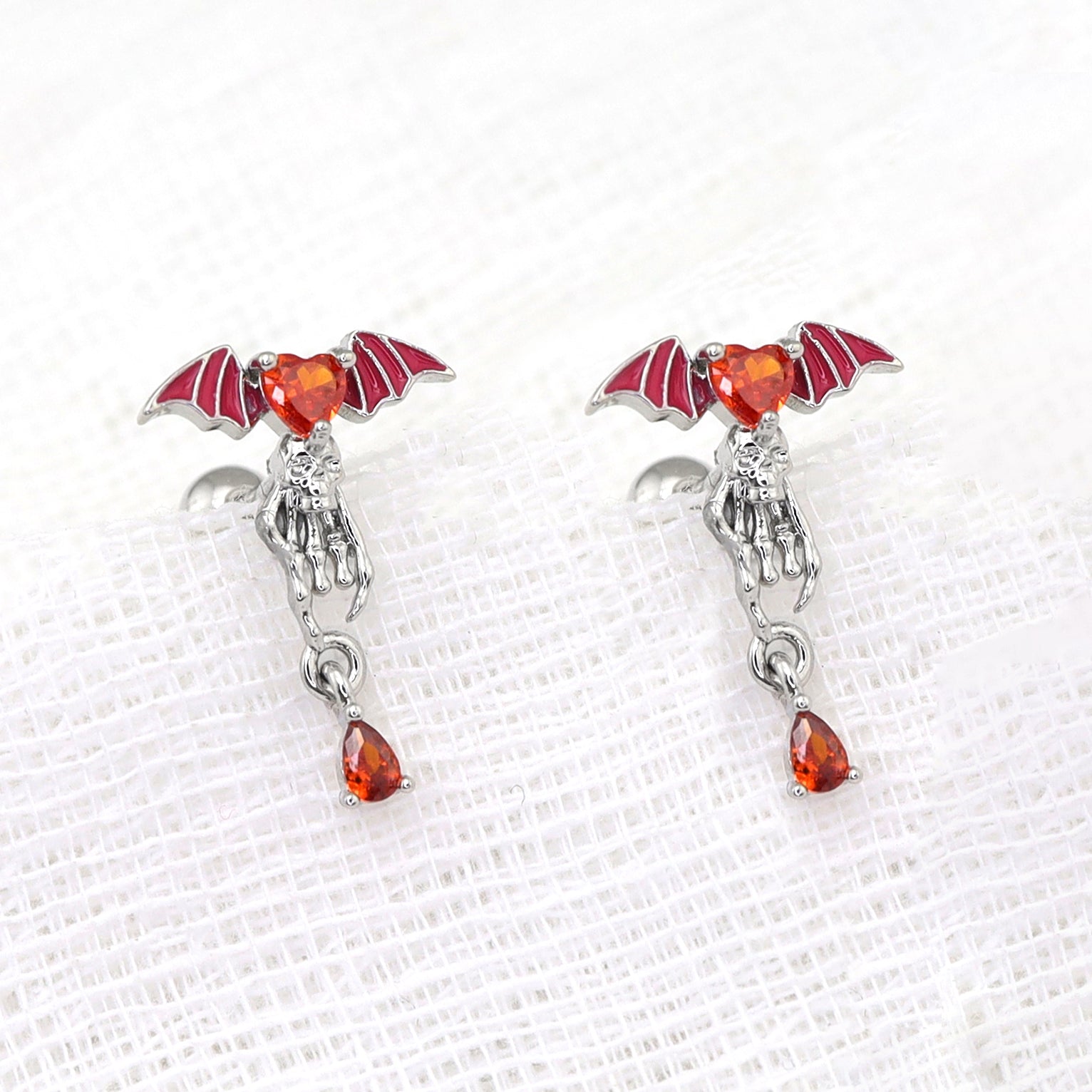 Red CZ Bat & Skull Dangle Ear Studs ph1