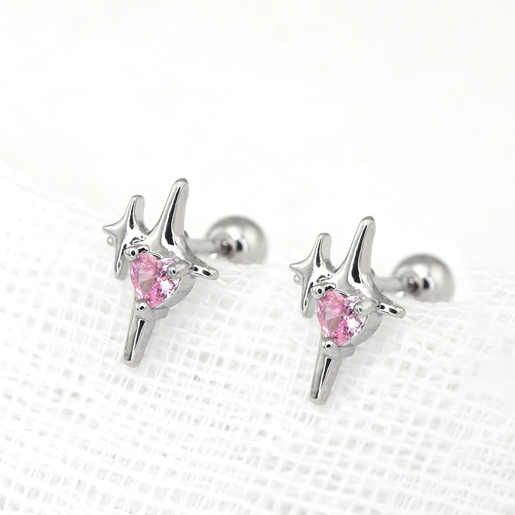 Pink CZ Double Star Thin Gauge Ear Studs ph1