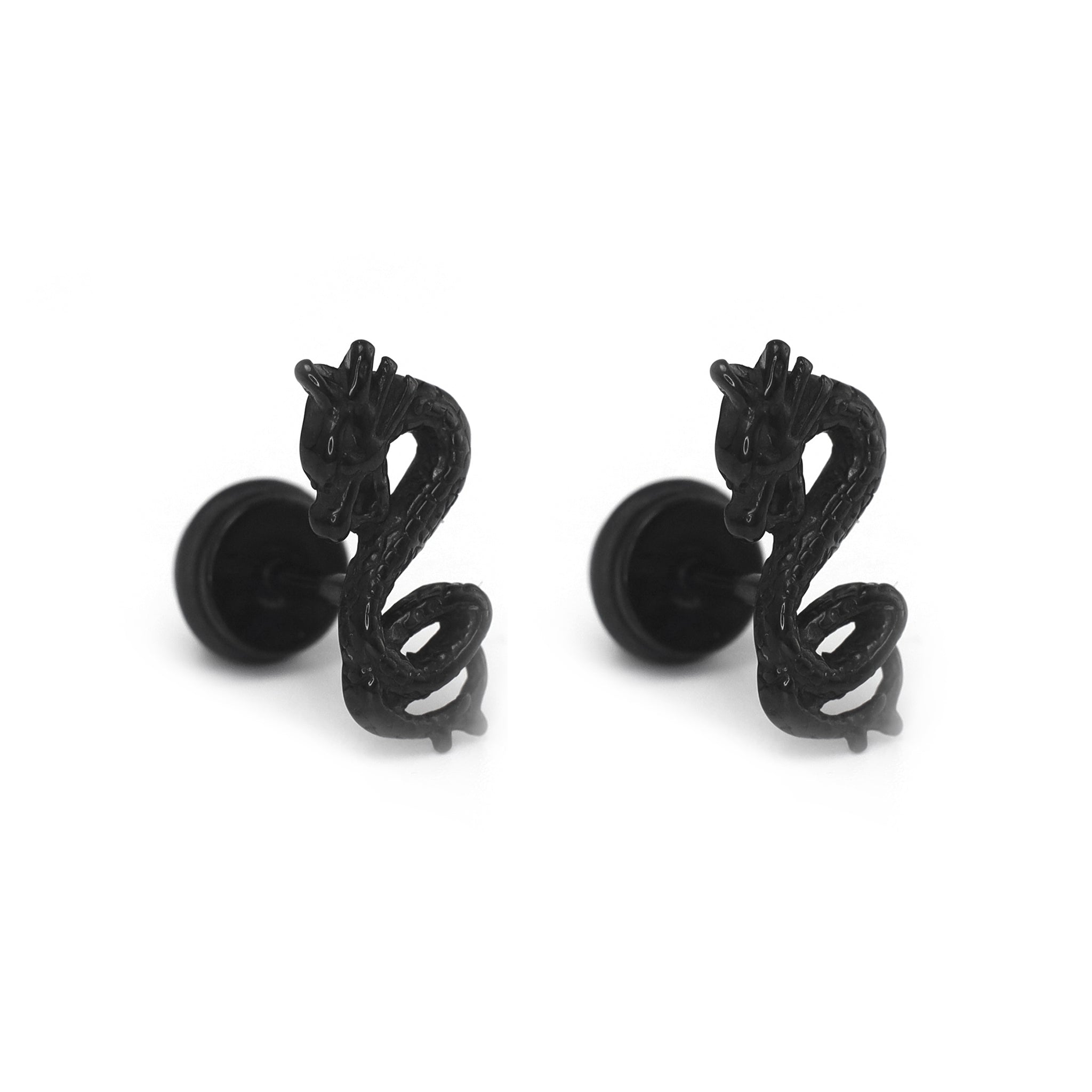 PAIR OF Engraved Dragon Silver & Black Externally Threaded Stainless Steel Ear Studs ph2